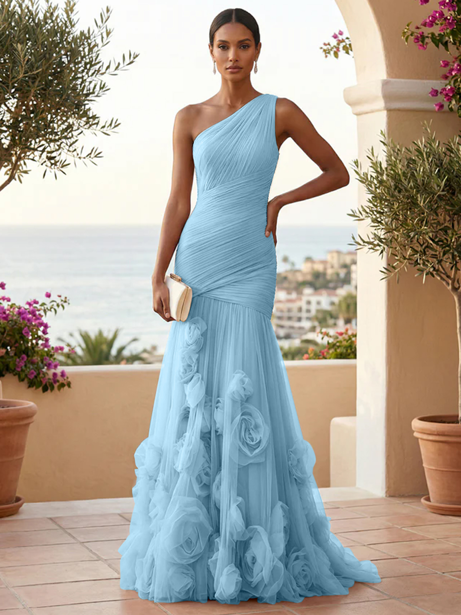 Sweetheart Tulle Pleat One Shoulder Mermaid Evening Dresses Gown with 3D Flower