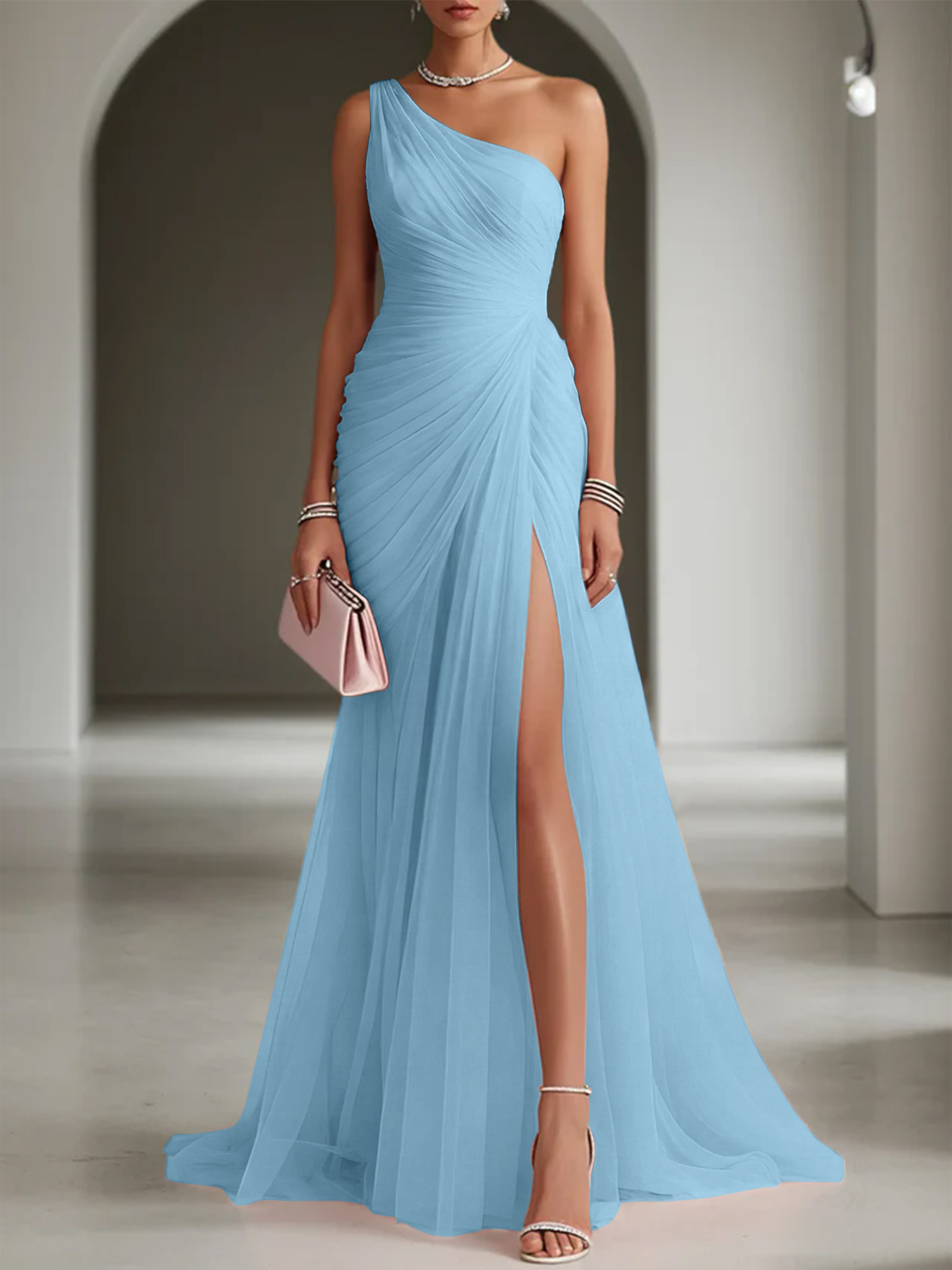 Pink Ruched Slit Tulle Strapless One Shoulder Sheath Gown Dress