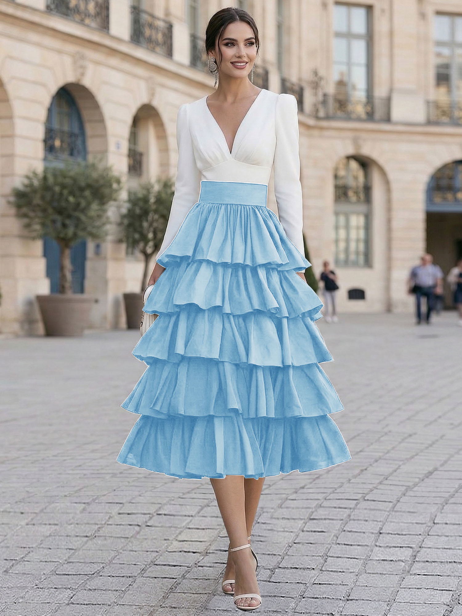 Elegant V-Neck Long Sleeve Tiered Ruffle Midi Dress with Contrast Waistband