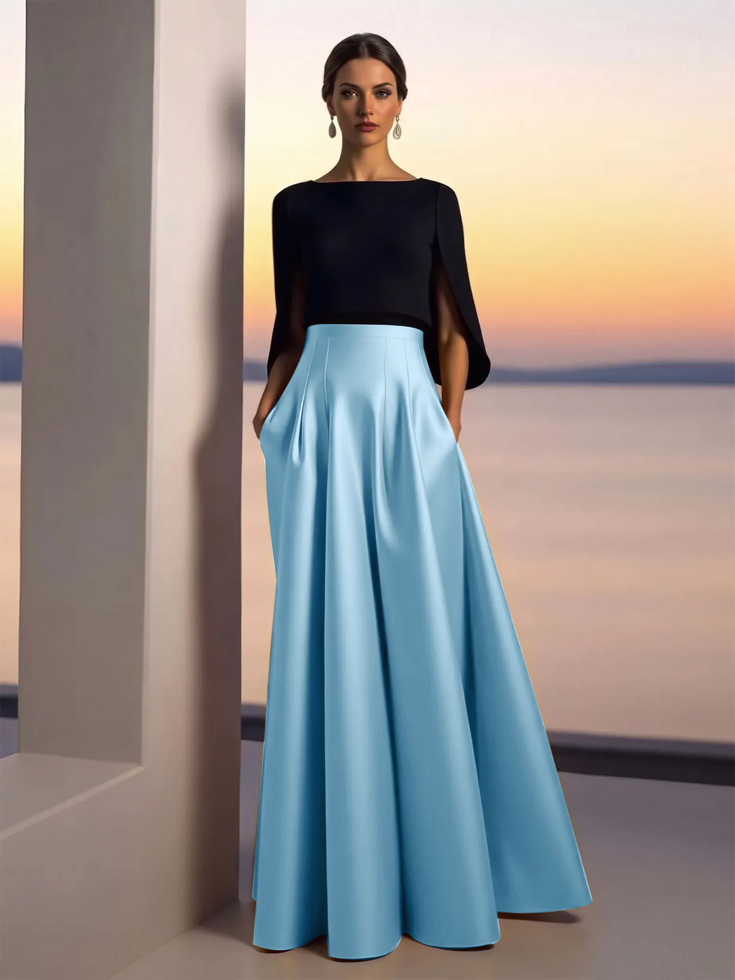 Two-Piece Cape Sleeve Satin Ball Gown Evening Dress