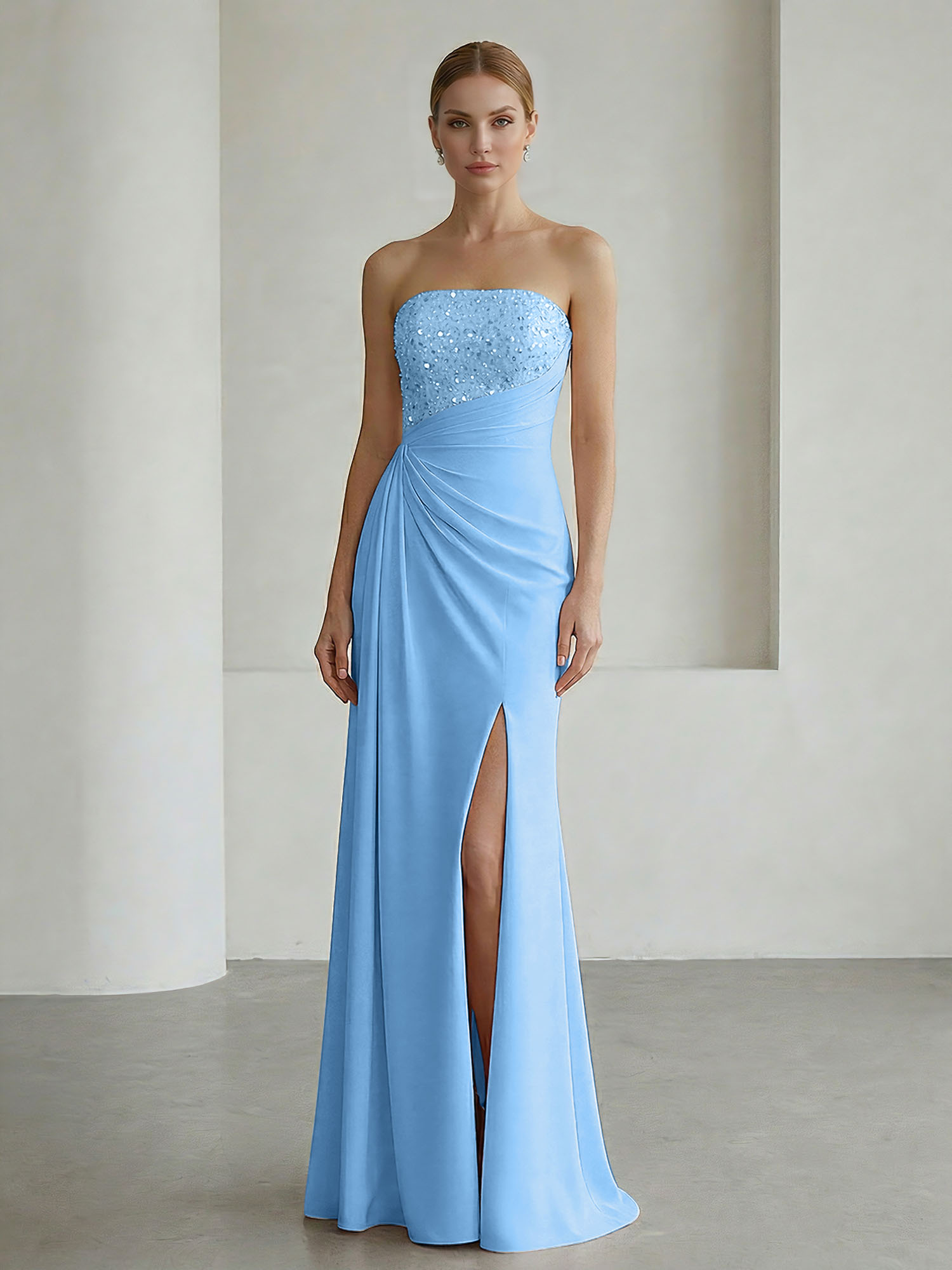 Glamorous Formal Evening Dress Soft Blush Beaded Strapless Slit Gown
