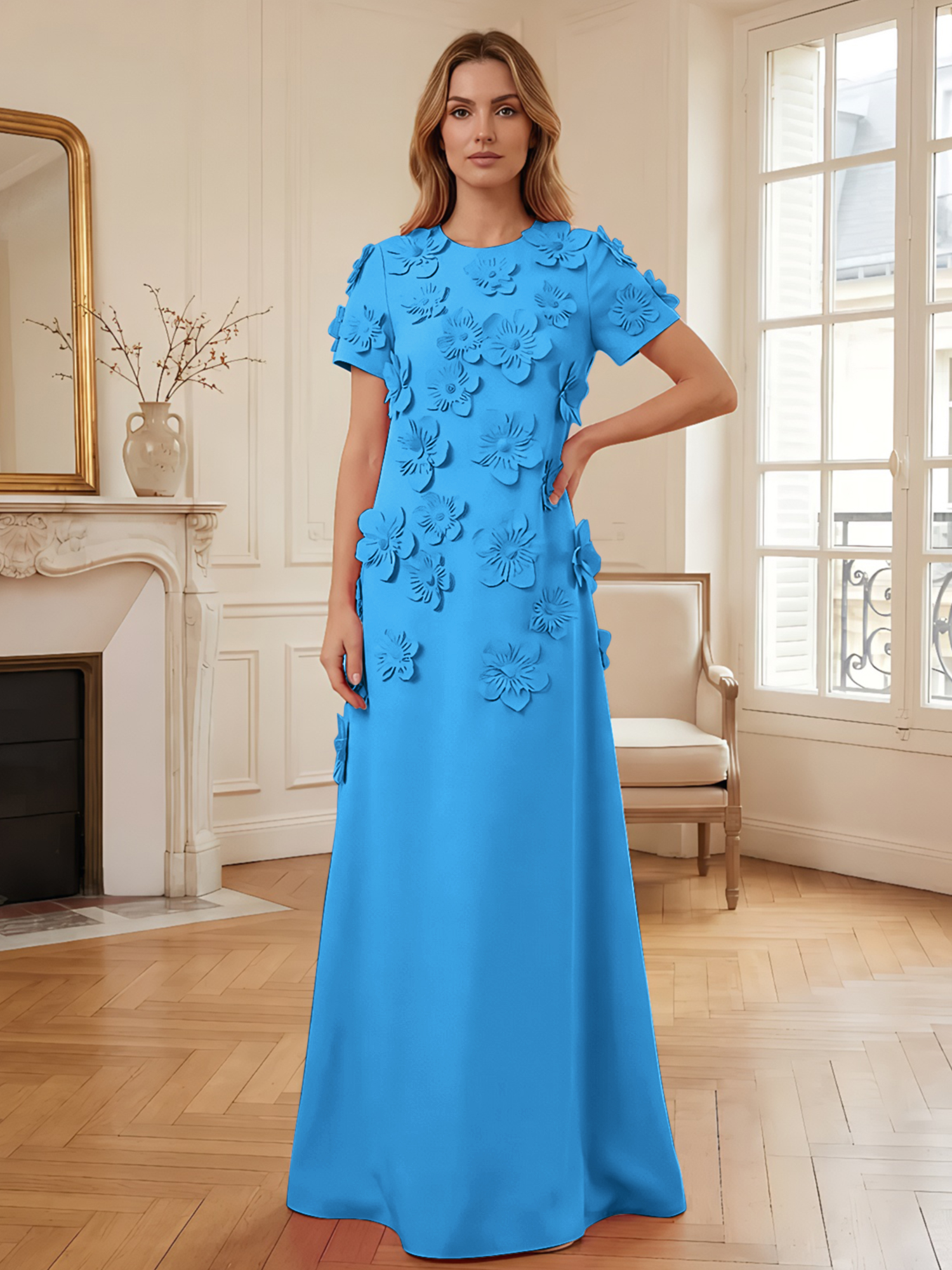 3D Floral Applique Short-Sleeve Column Evening Gown