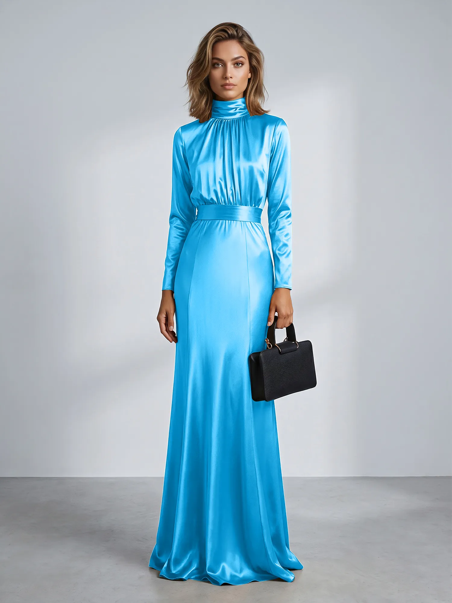 High Neck Long Sleeve Satin Mermaid Evening Gown with Waist Sash