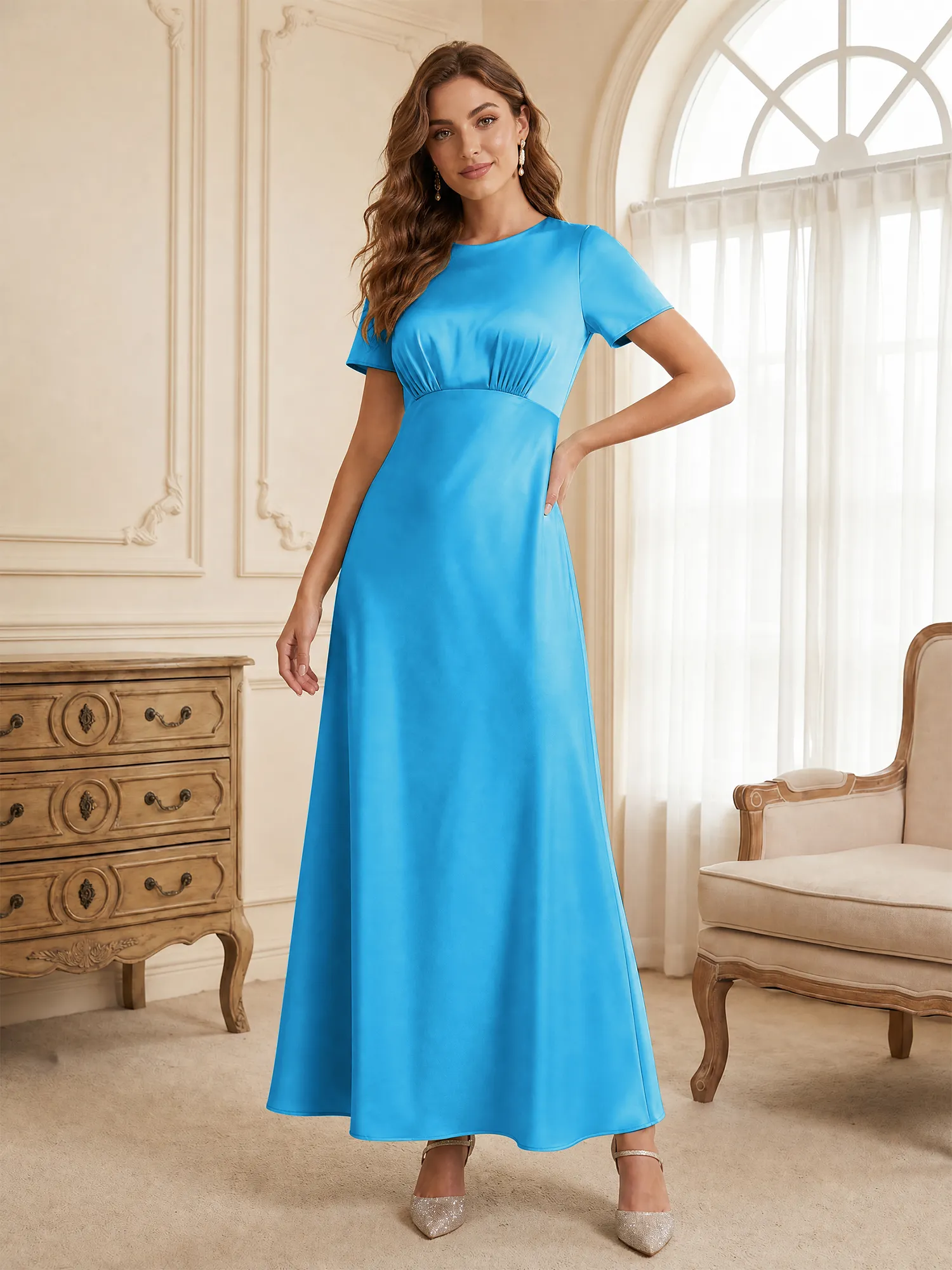Round Neck Short Sleeve Satin Bridesmaid Dress