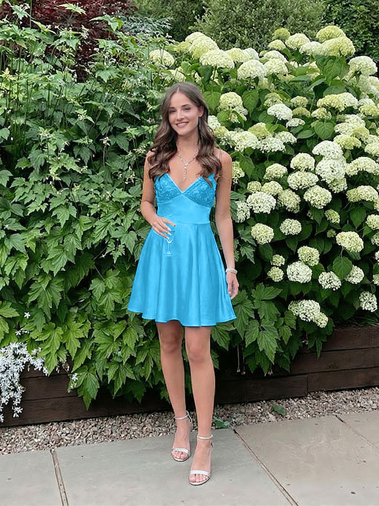 Blue A Line V-neck Beaded Back Tie Short Homecoming Mini Dress
