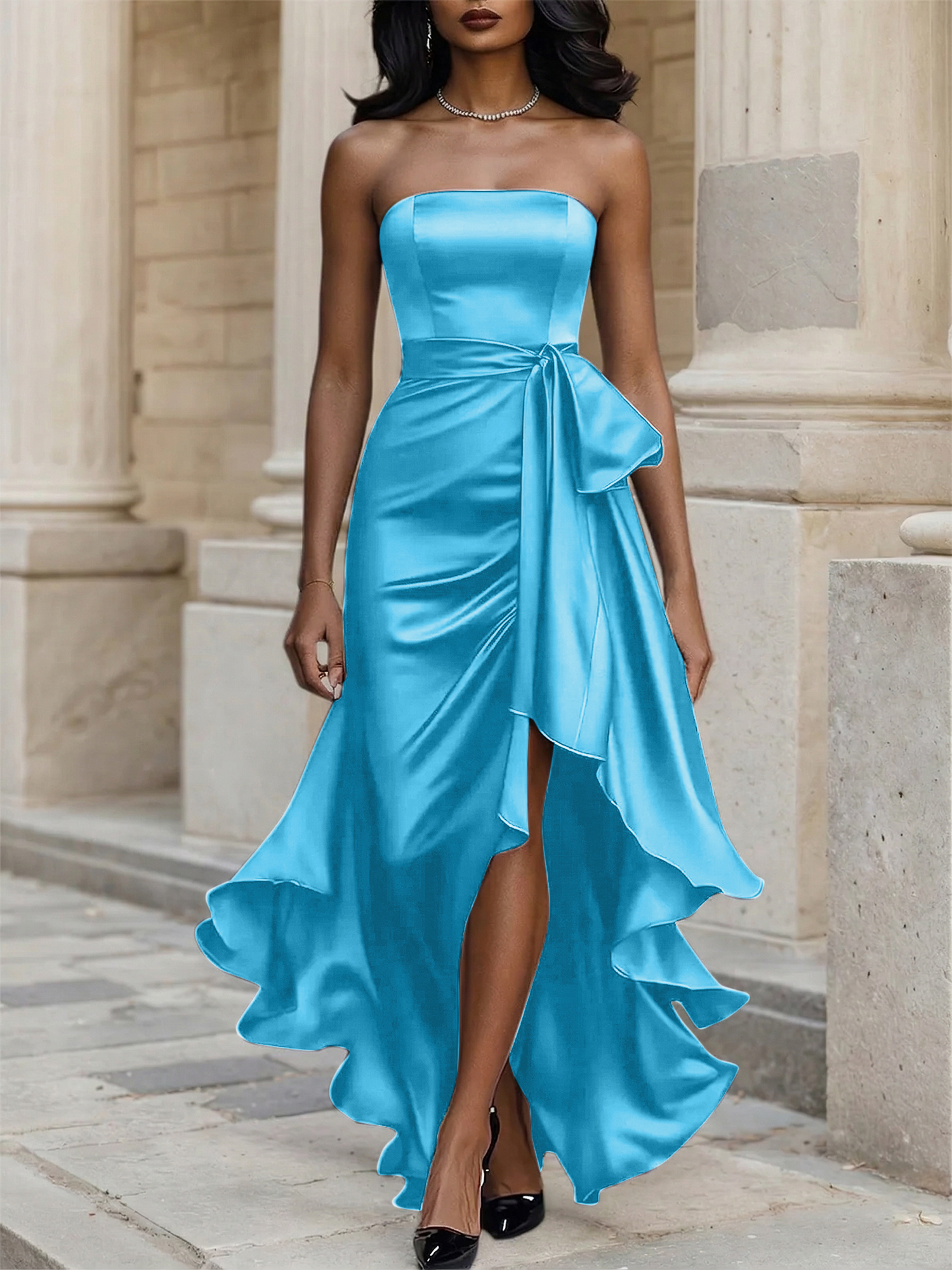 Glamorous Formal Dress Midnight Navy Strapless High-Low Satin Gown Midi Dress