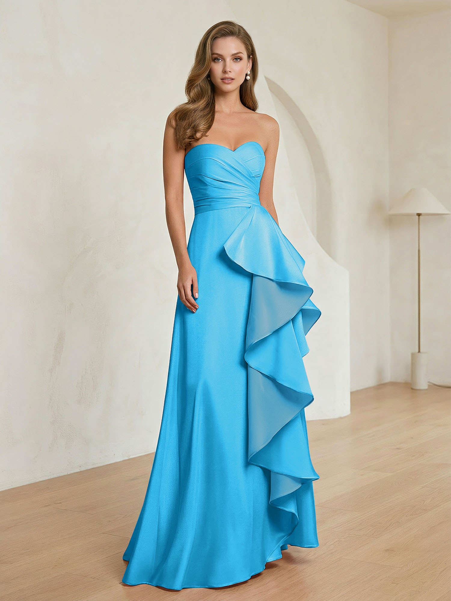 Formal Evening Dress Blush Strapless Ruffle Maxi Dress Gown