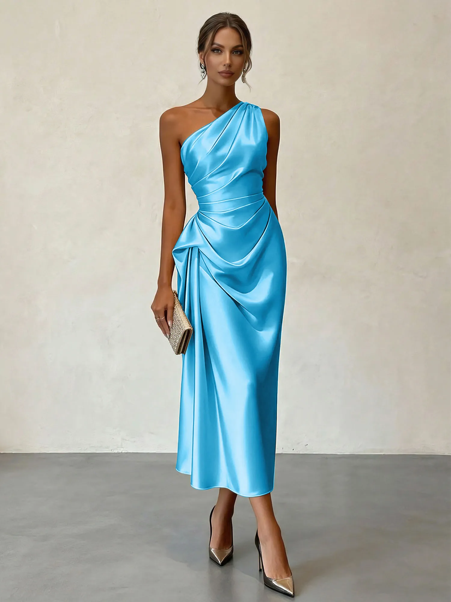 One-Shoulder Ruched Satin Midi Evening Dress with Draped Detail