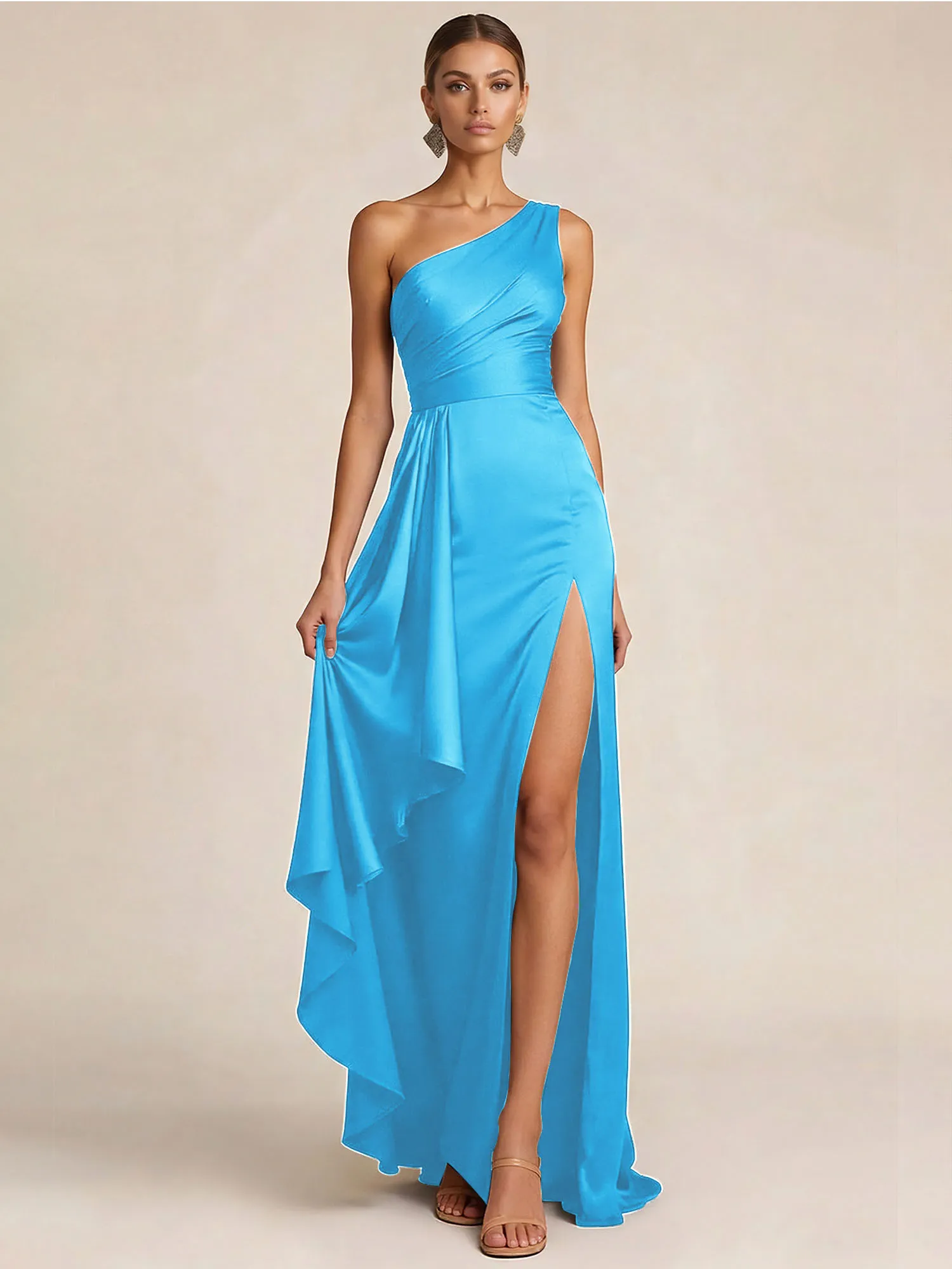 Sleek Foraml Evening Gown Midnight Navy One-Shoulder Satin Slit Maxi Dress