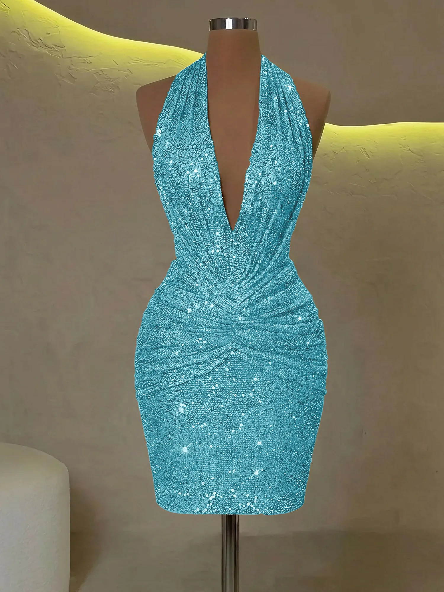 Sequin Halter Deep V-Neck Bodycon Homecoming Dress Mini Dress