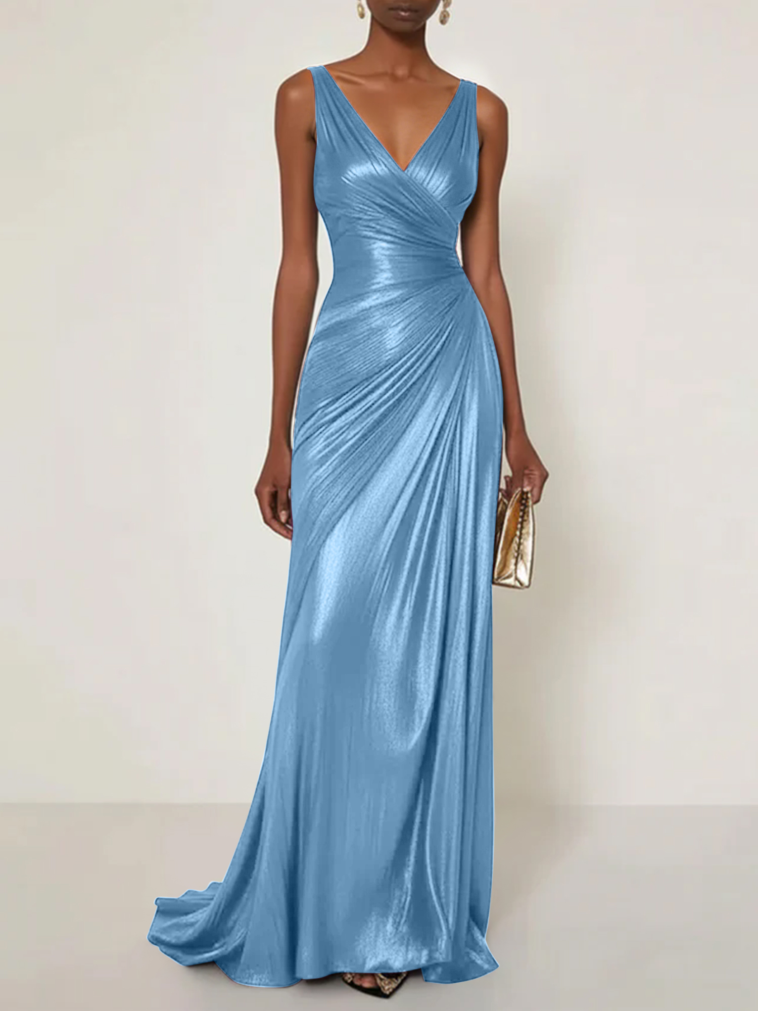 Evening Formal Dress V Neck Silk Ruffles Maxi Dress Gown