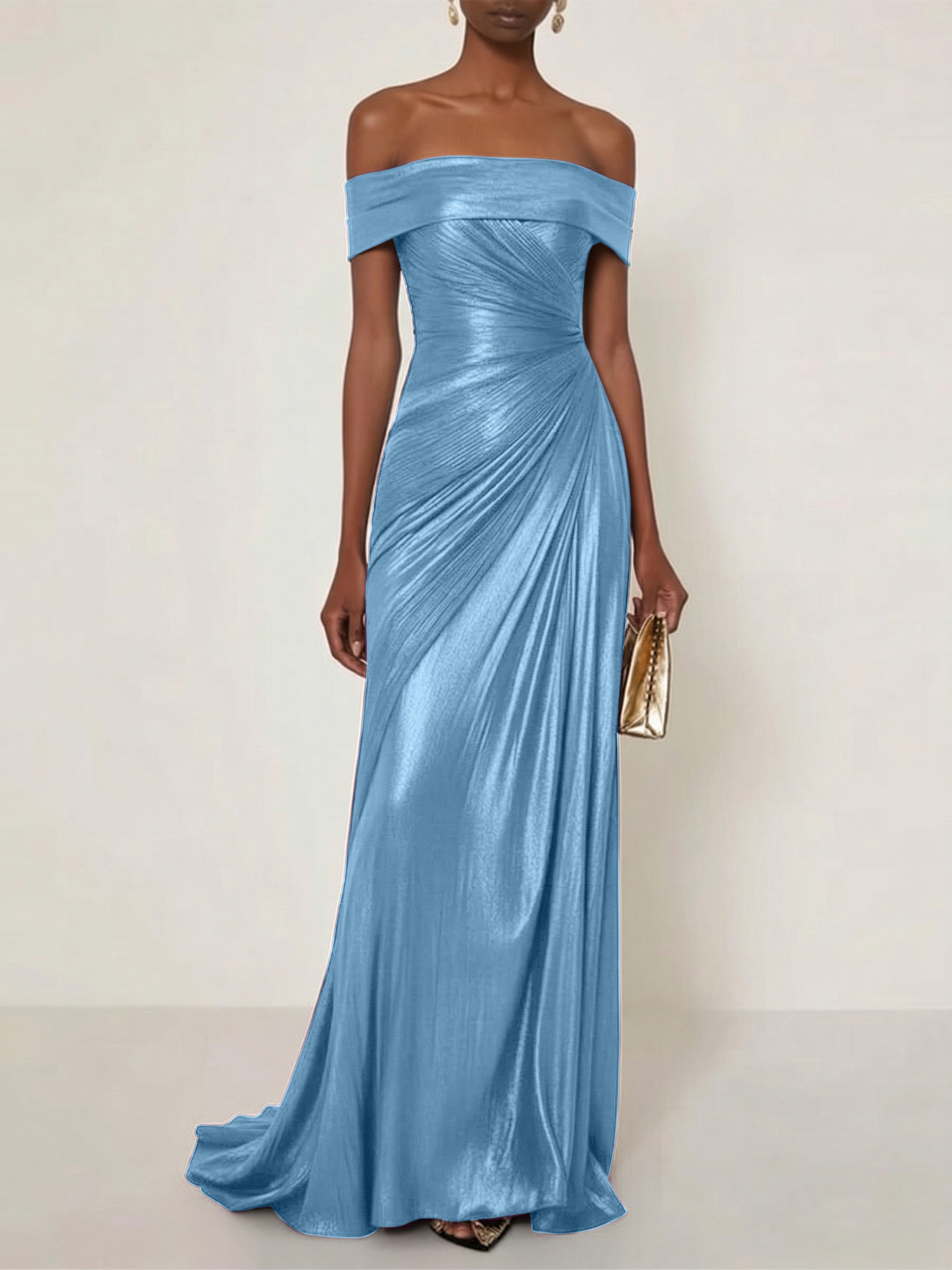 Evening Formal Dress Off the Shoulder Silver Silk Ruffles Strapless Maxi Dress