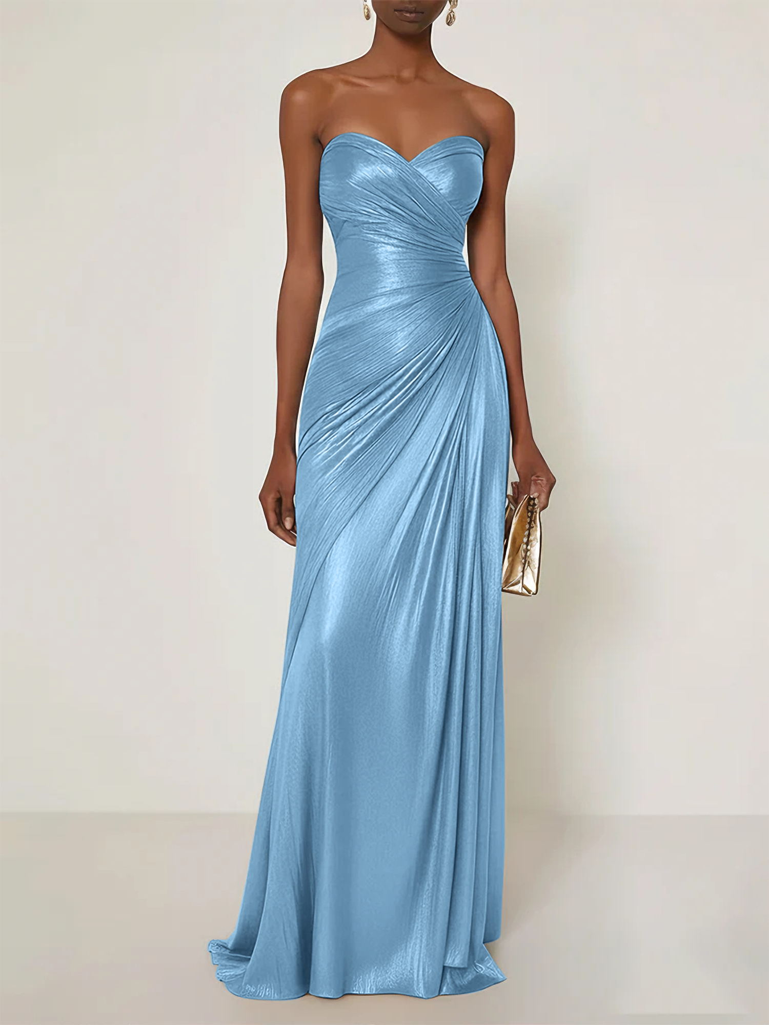 Evening Formal Dress V Neck Silk Ruffles Strapless Maxi Dress