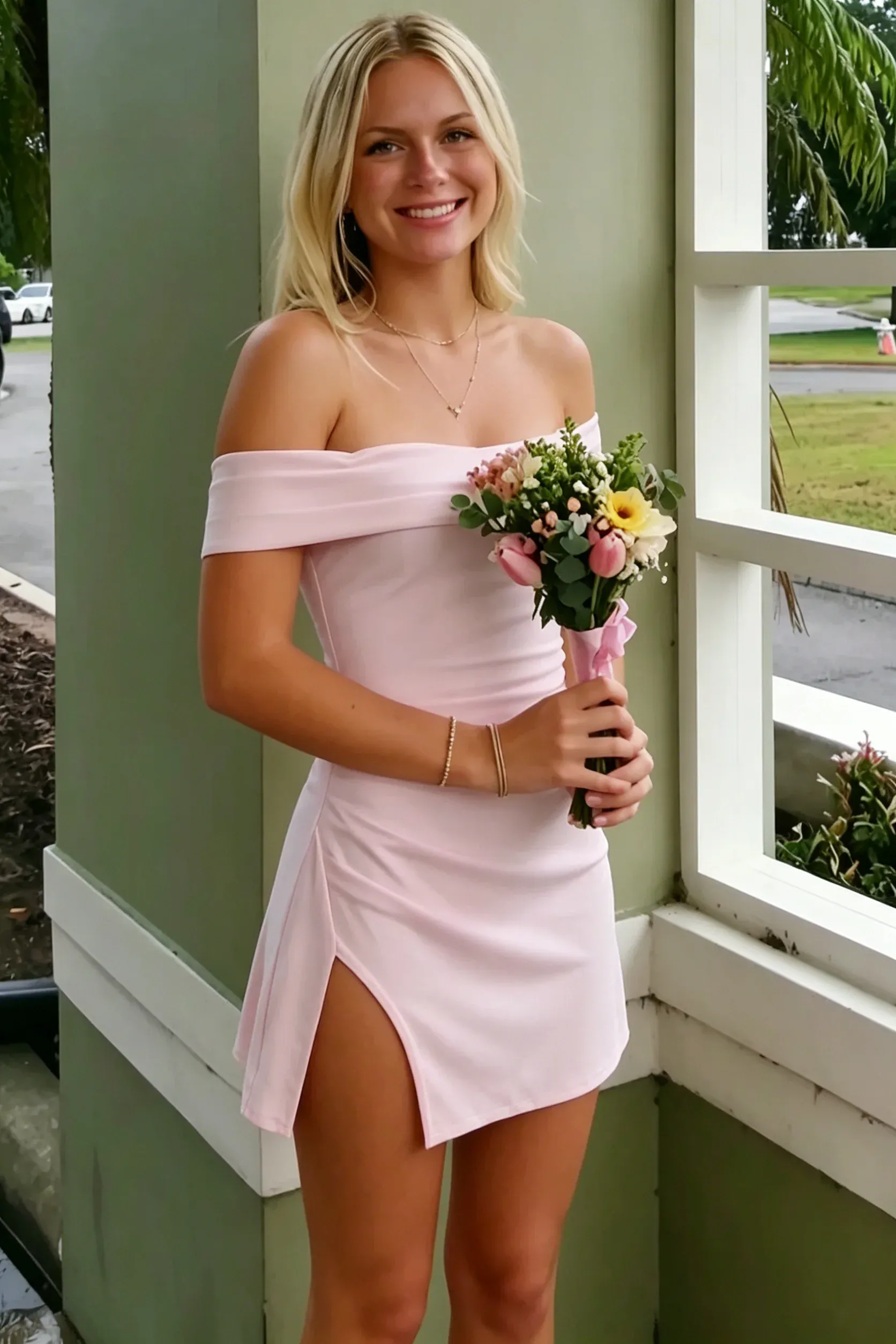 Soft Pink Knit Off-the-Shoulder Side-Slit Homecoming Dress