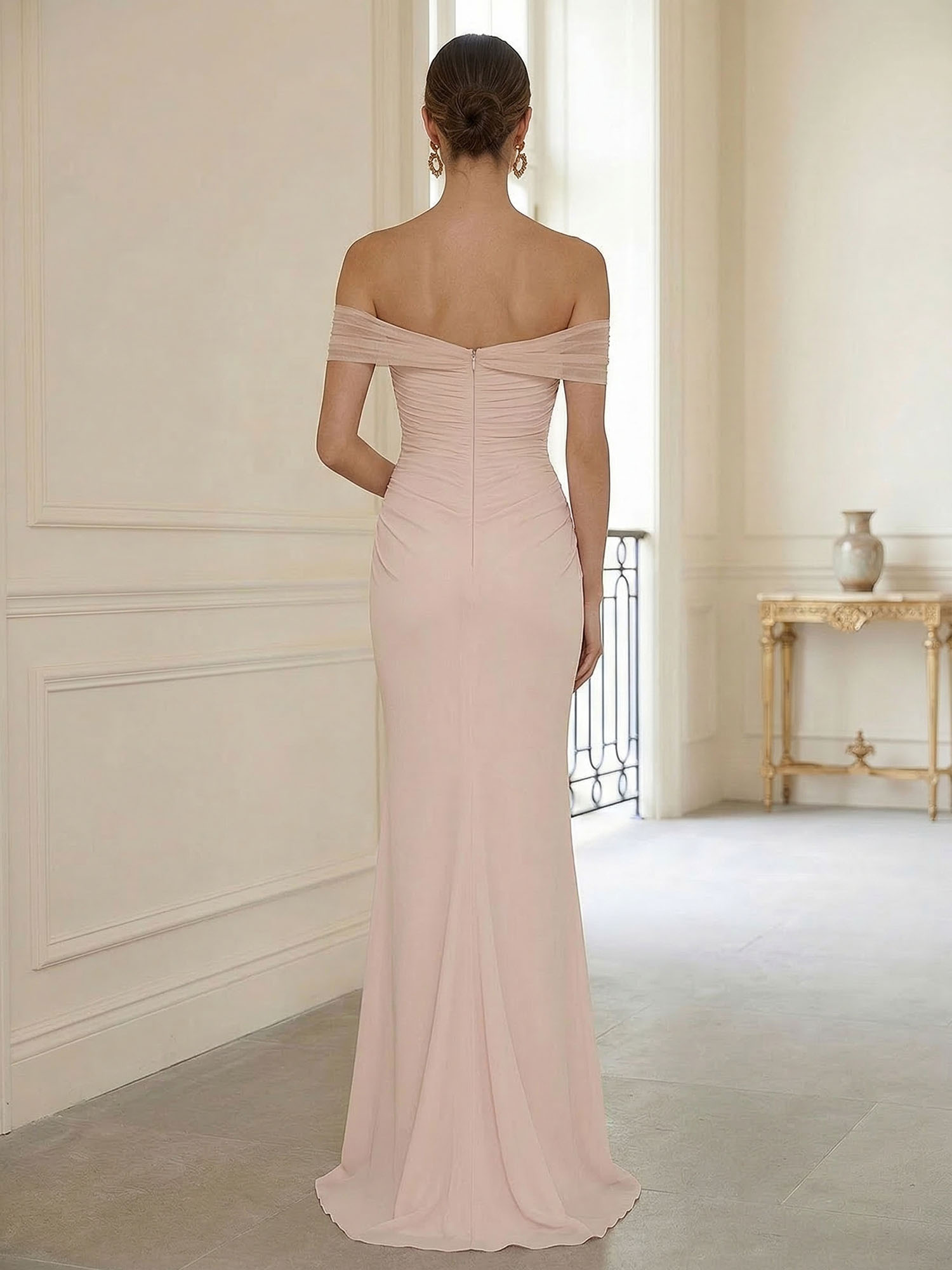 Sophisticated Blush Pink Asymmetrical Ruched Maxi Dress Evening Gown