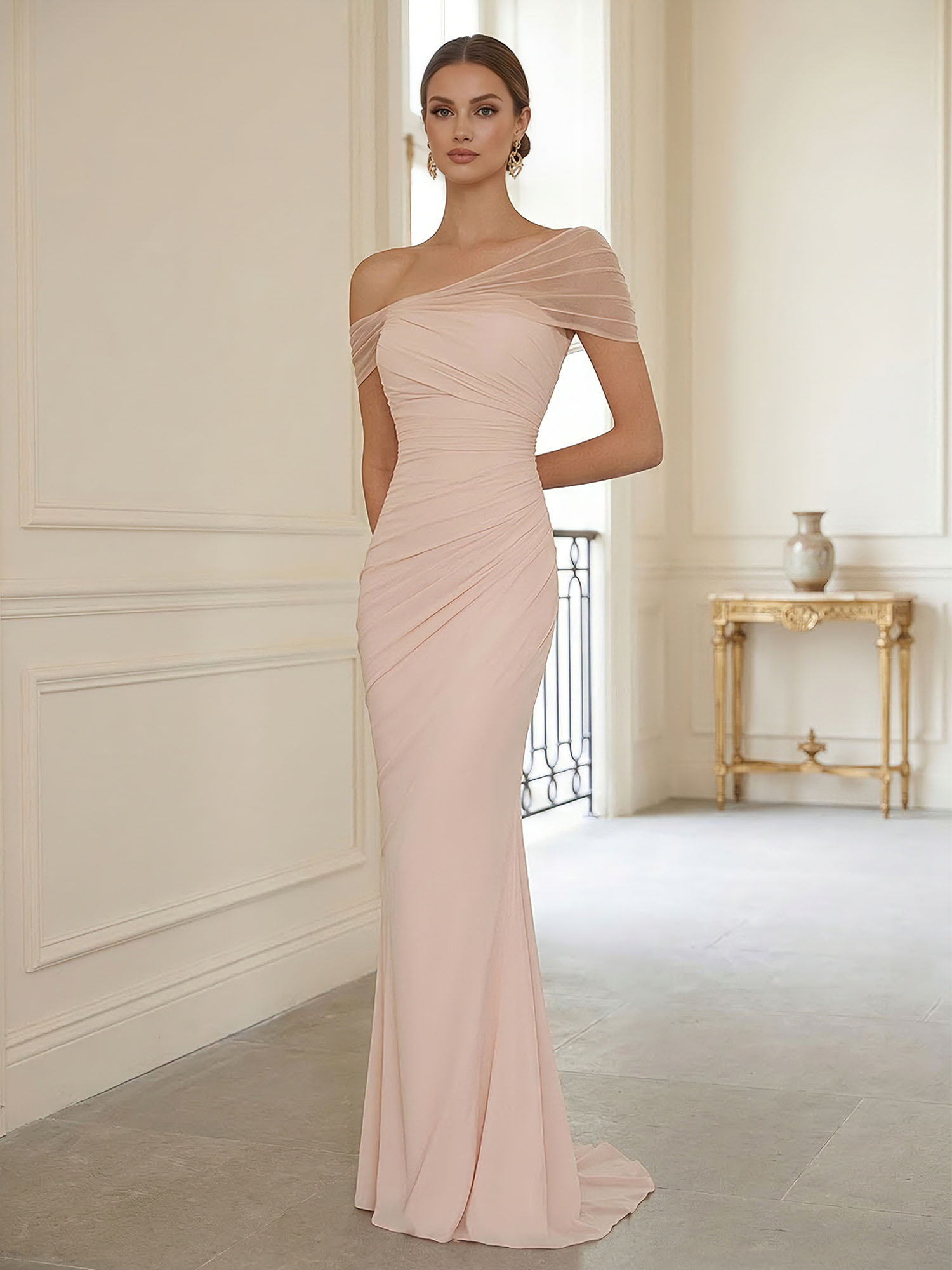 Sophisticated Blush Pink Asymmetrical Ruched Maxi Dress Evening Gown
