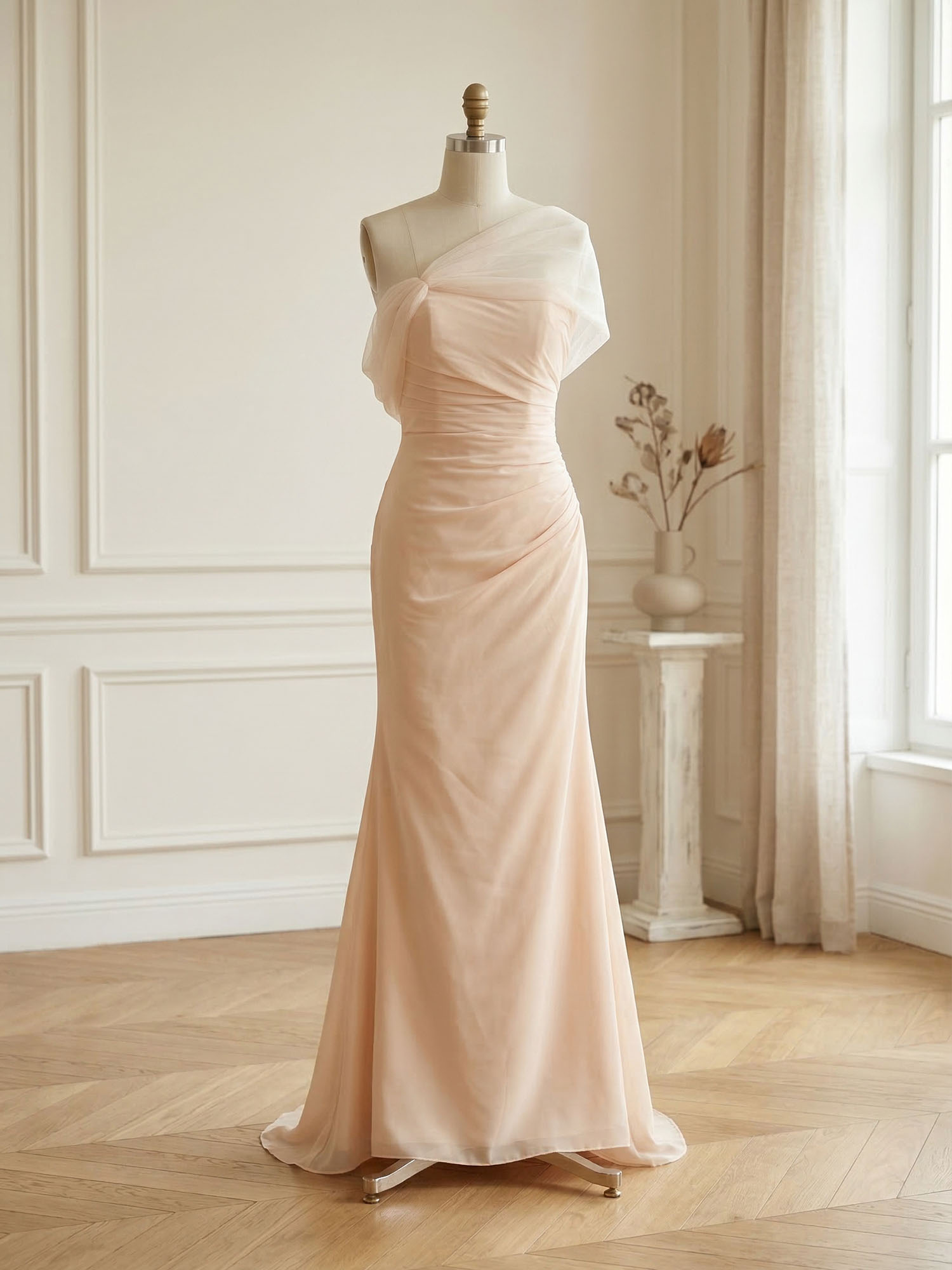 Sophisticated Blush Pink Asymmetrical Ruched Maxi Dress Evening Gown
