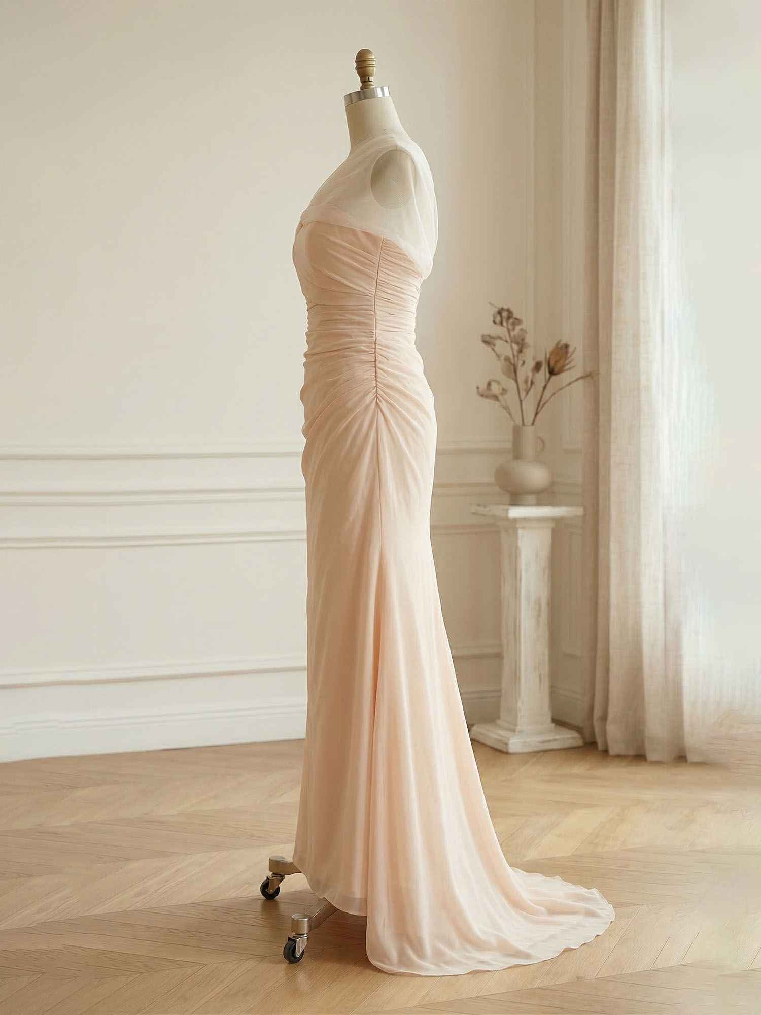 Sophisticated Blush Pink Asymmetrical Ruched Maxi Dress Evening Gown