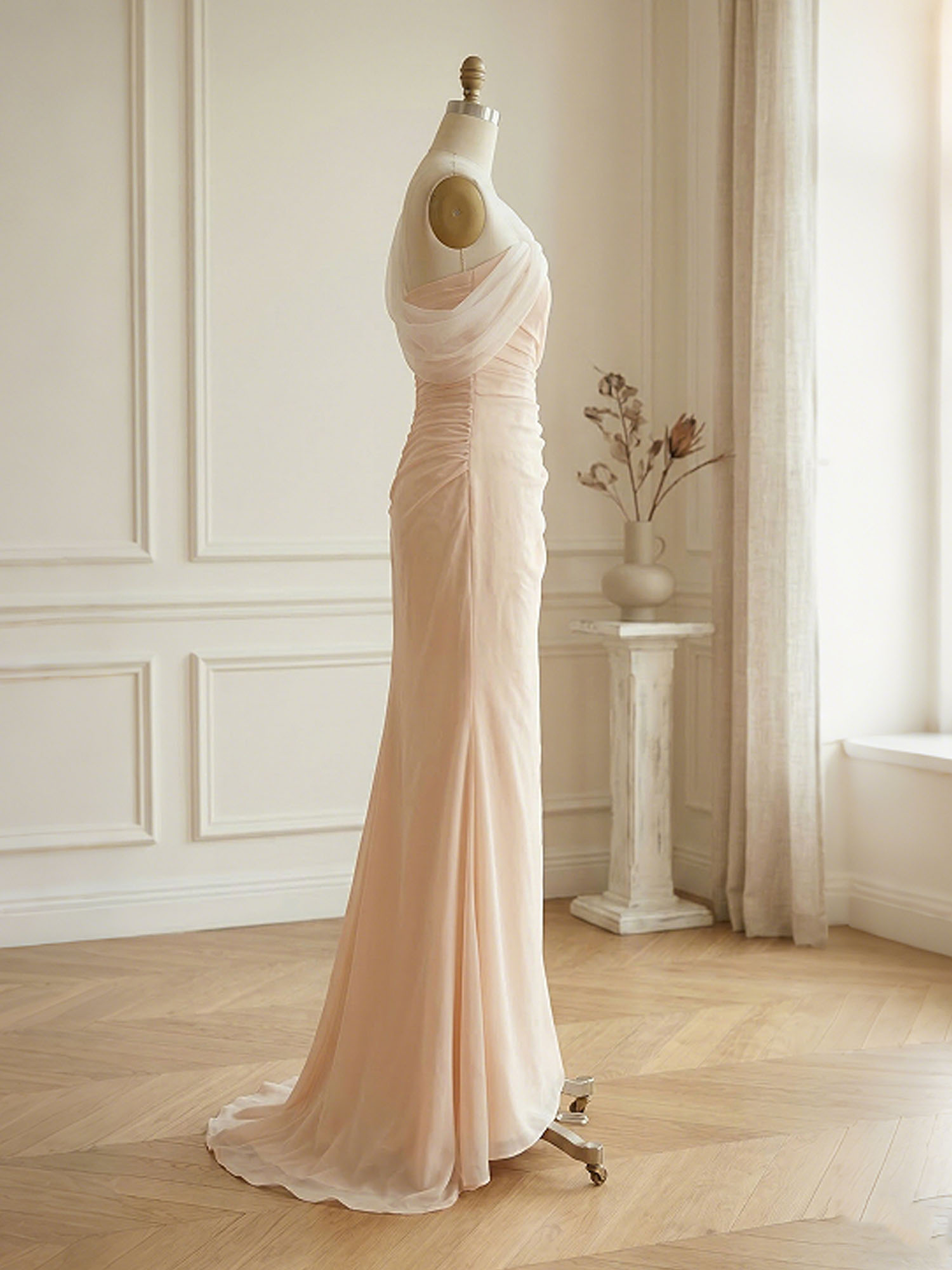 Sophisticated Blush Pink Asymmetrical Ruched Maxi Dress Evening Gown