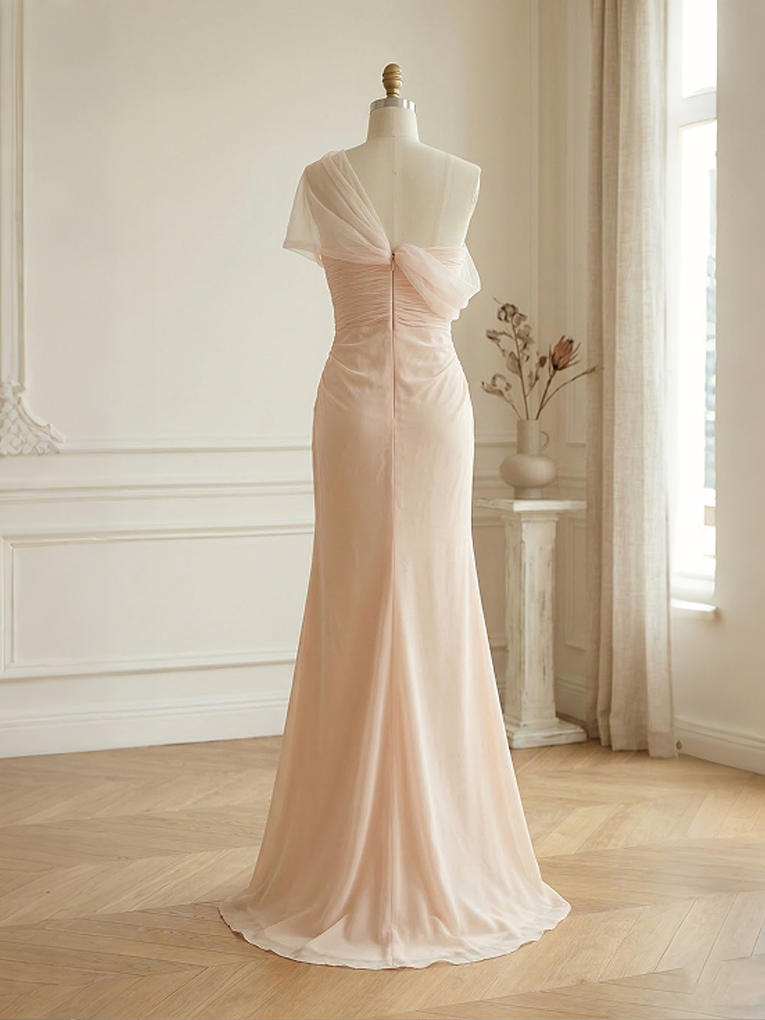Sophisticated Blush Pink Asymmetrical Ruched Maxi Dress Evening Gown