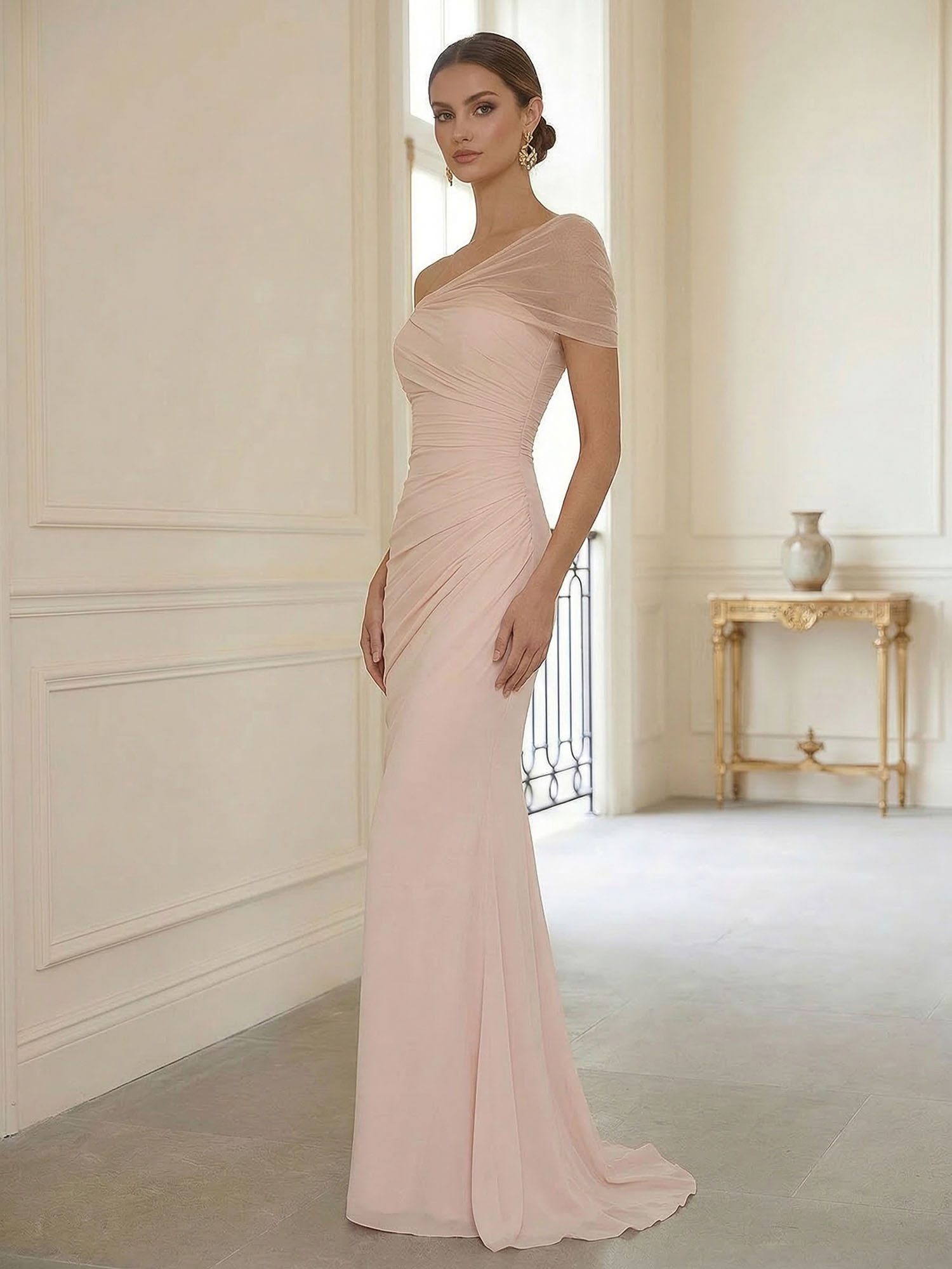 Sophisticated Blush Pink Asymmetrical Ruched Maxi Dress Evening Gown