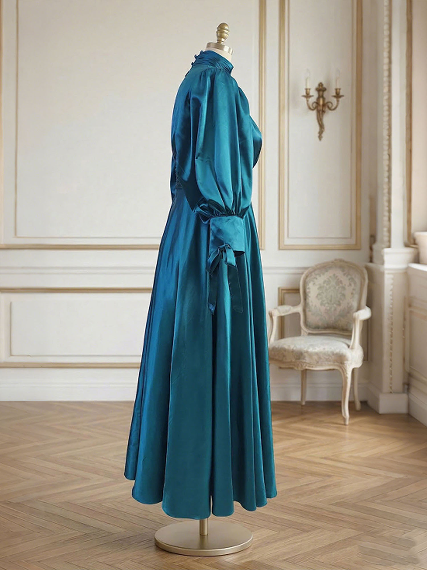 Sophisticated Camel V-Neck Balloon Sleeve Midi Dress Evening Gown