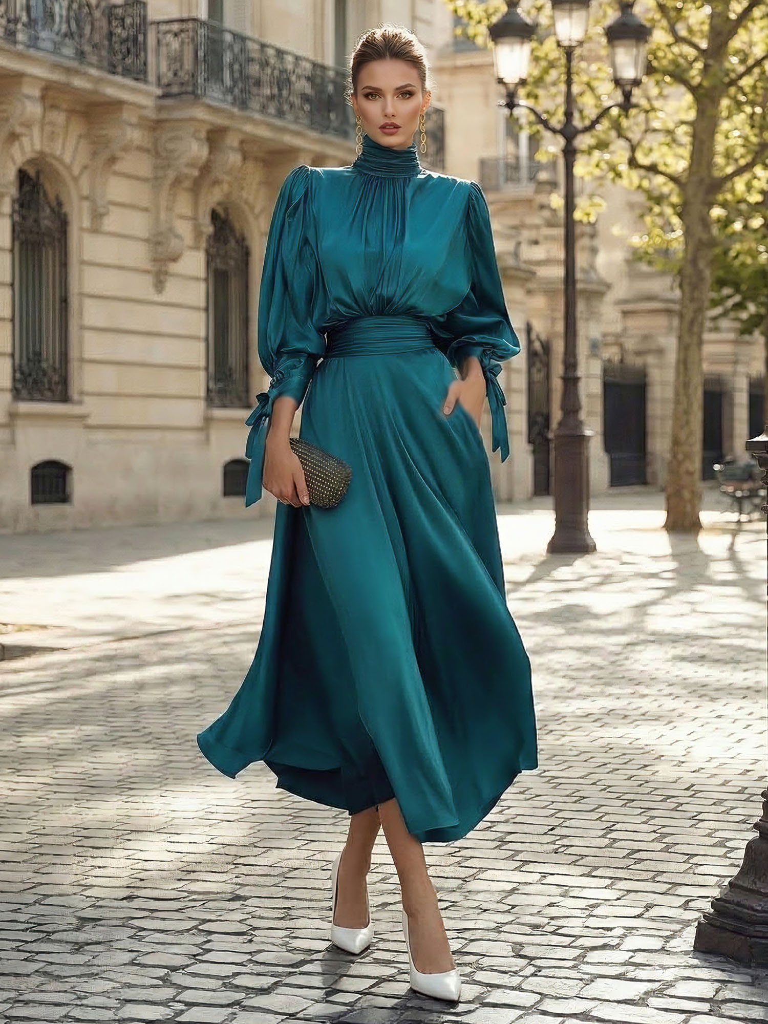Sophisticated Camel V-Neck Balloon Sleeve Midi Dress Evening Gown