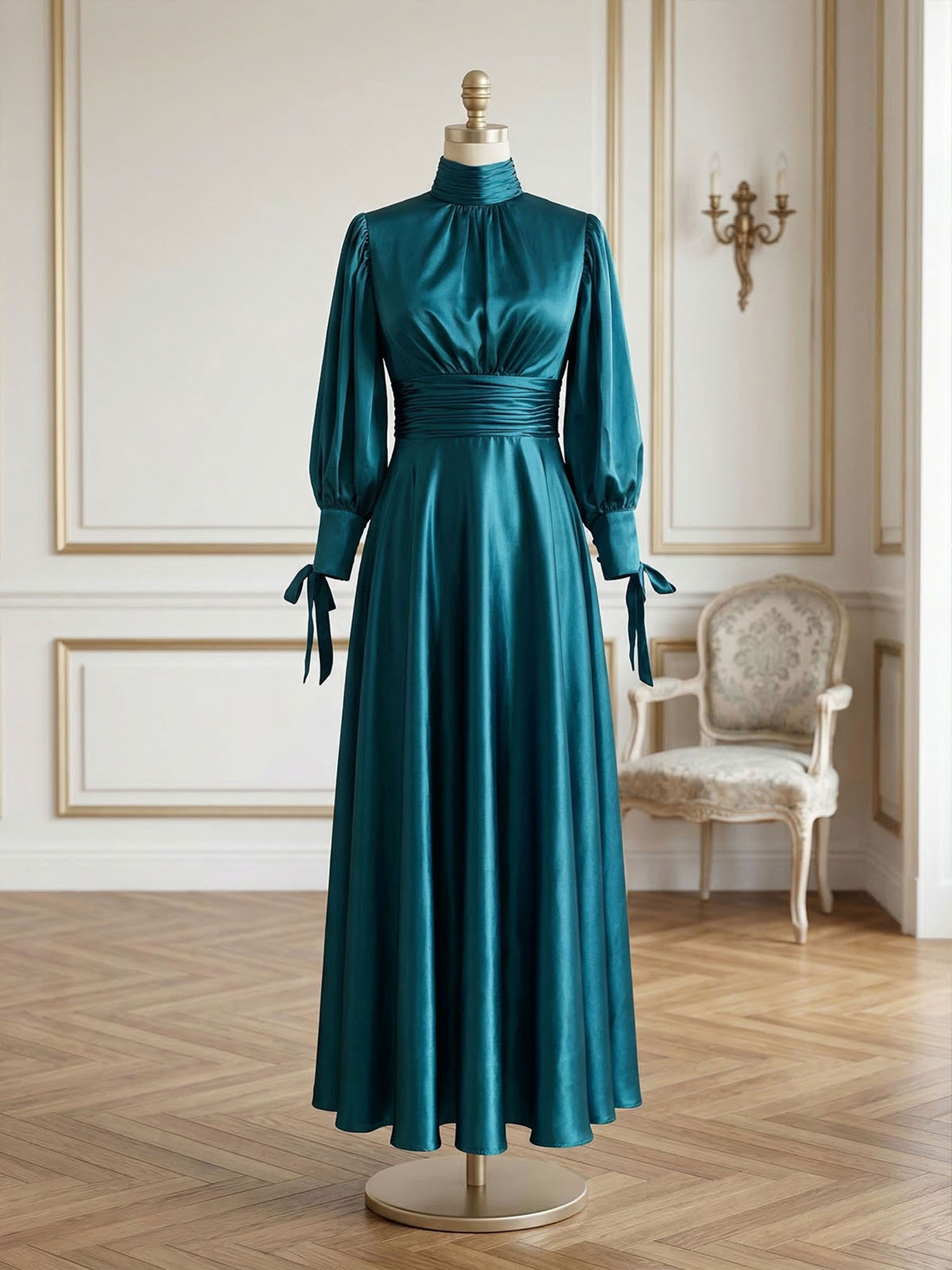 Sophisticated Camel V-Neck Balloon Sleeve Midi Dress Evening Gown