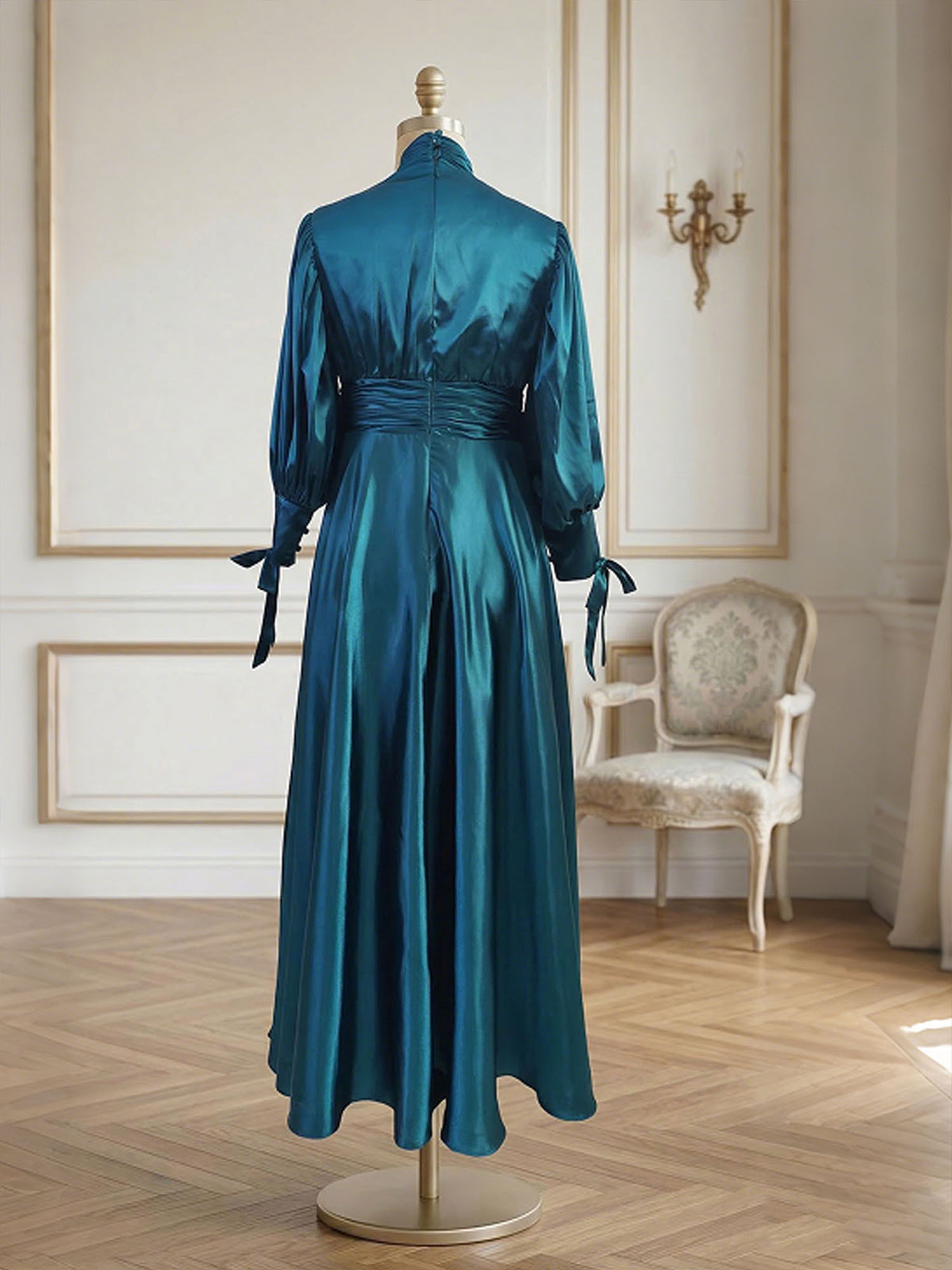 Sophisticated Camel V-Neck Balloon Sleeve Midi Dress Evening Gown