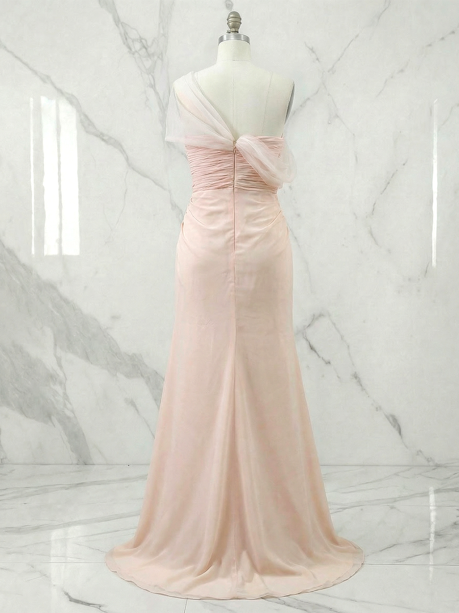 Sophisticated Nud Pink Asymmetrical Ruched Maxi Dress Evening Gown