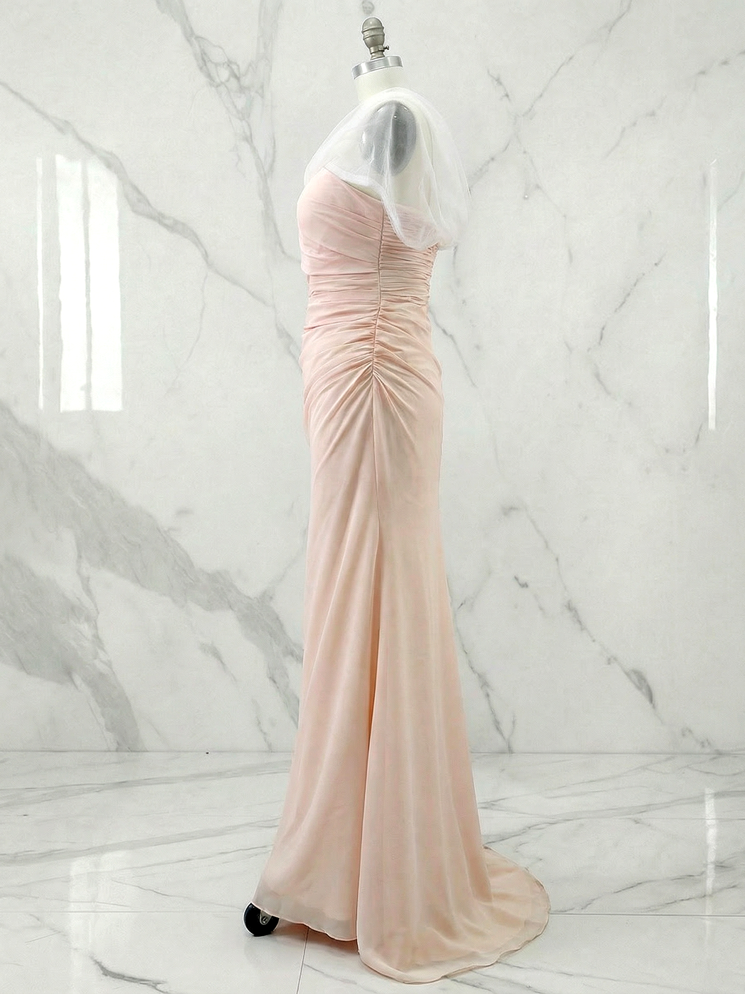 Sophisticated Nud Pink Asymmetrical Ruched Maxi Dress Evening Gown