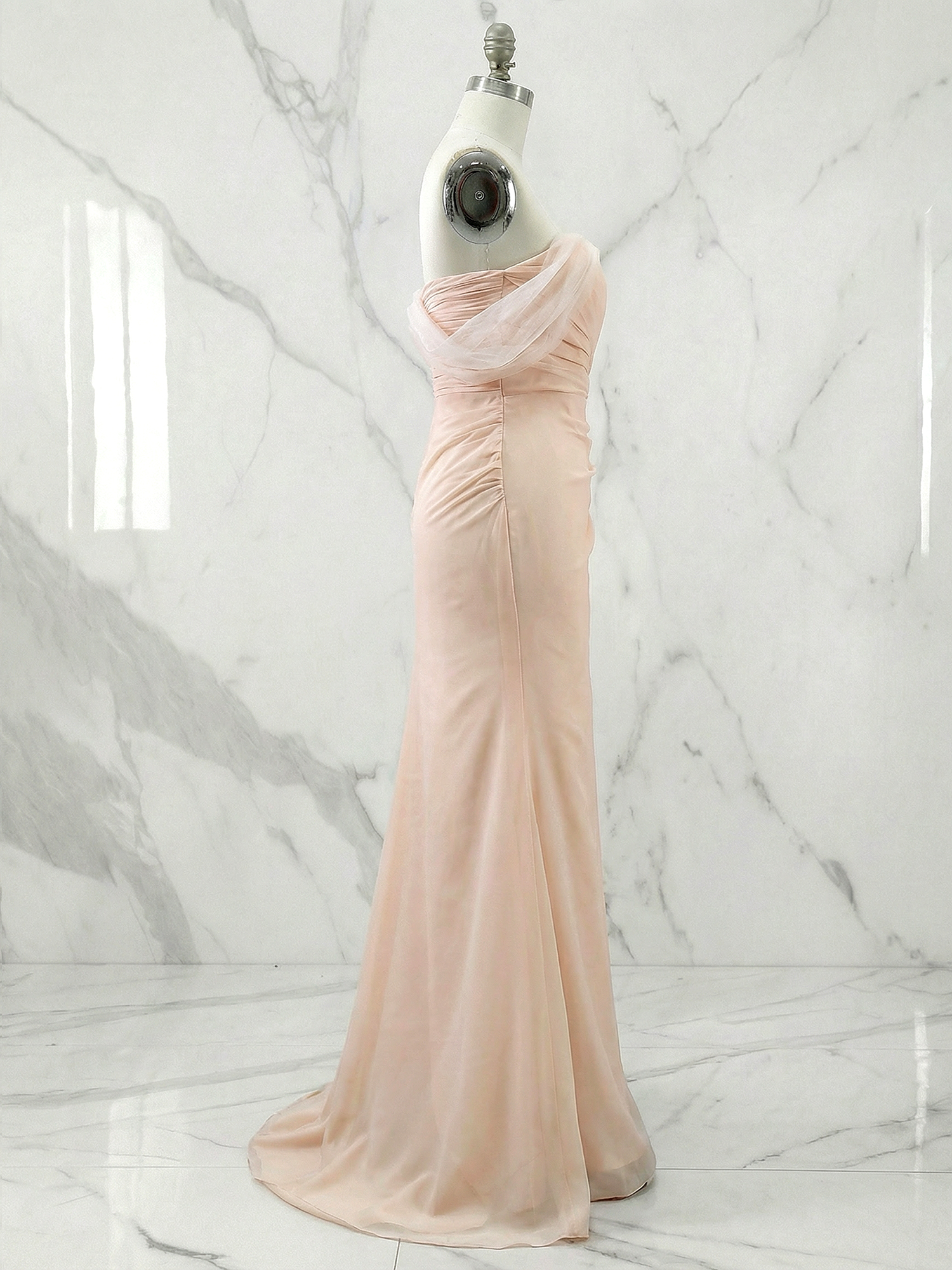 Sophisticated Nud Pink Asymmetrical Ruched Maxi Dress Evening Gown