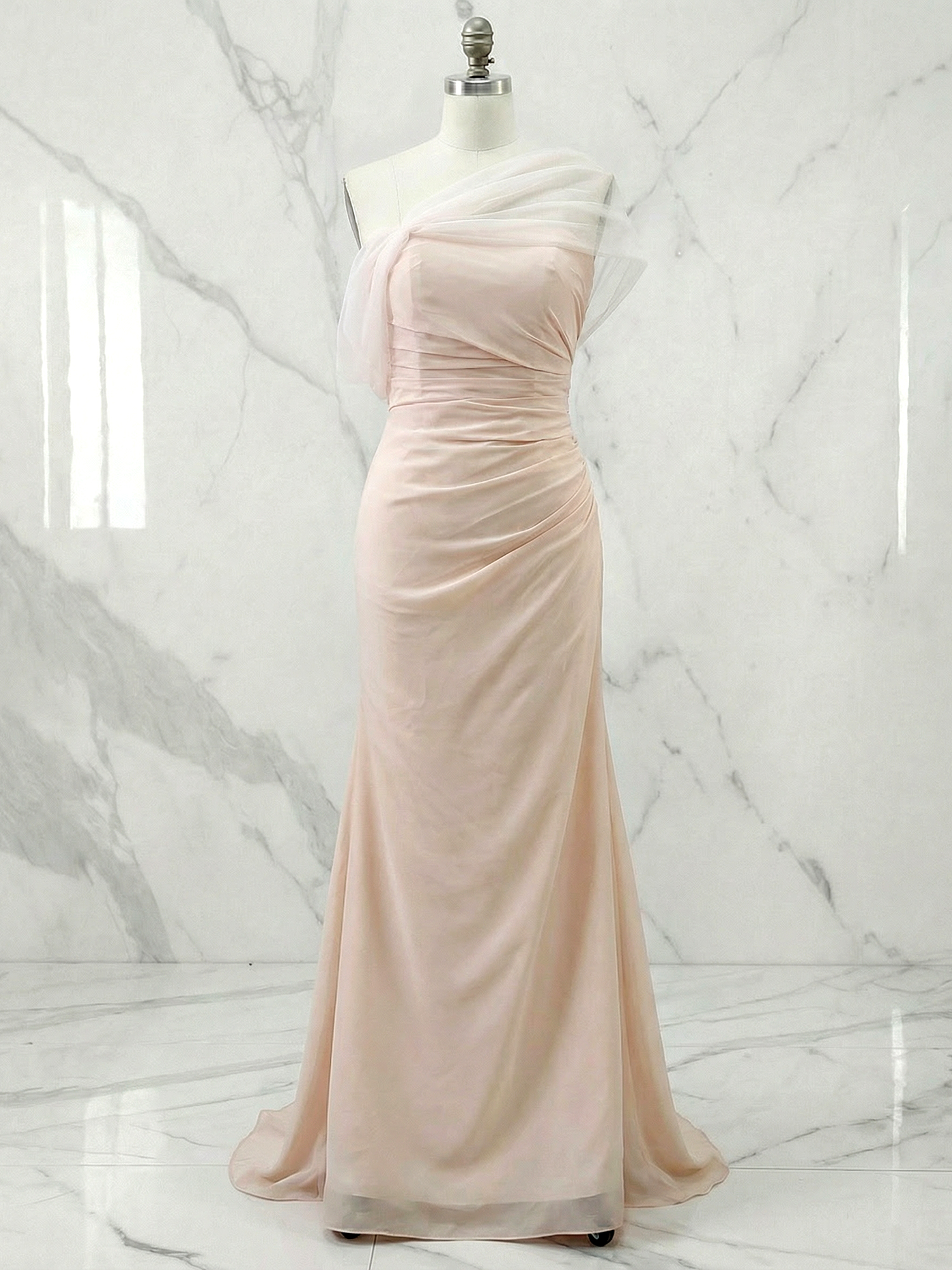 Sophisticated Nud Pink Asymmetrical Ruched Maxi Dress Evening Gown