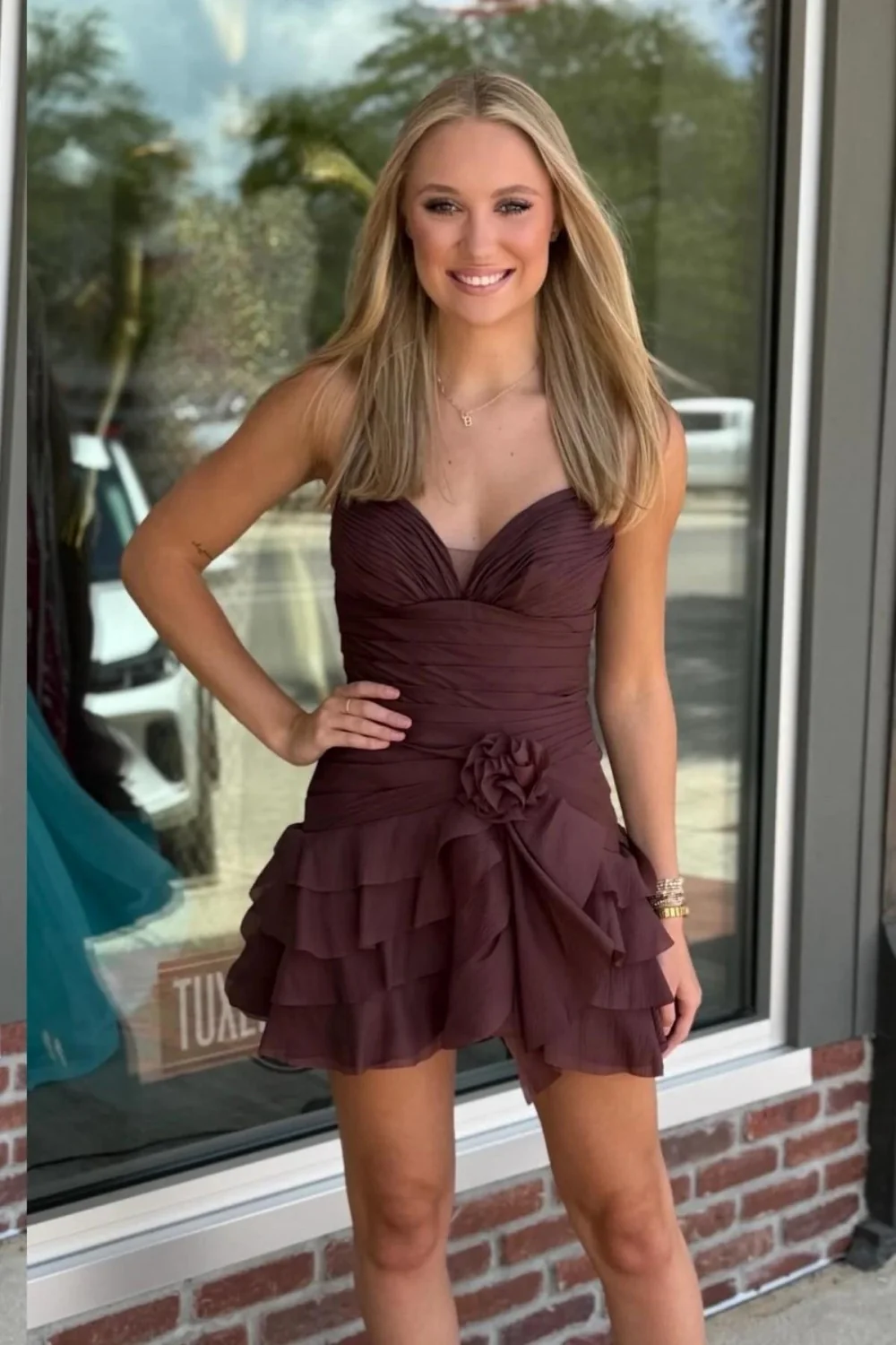 Sophisticated Brown Espresso Ruffle Strapless Sweetheart Homecoming Dress