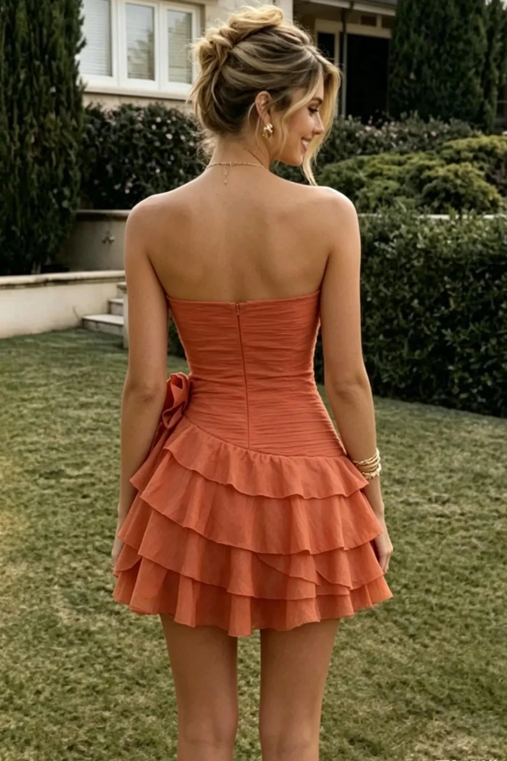 Vibrant Sunset Orange Ruffle Strapless A-Line Homecoming Dress