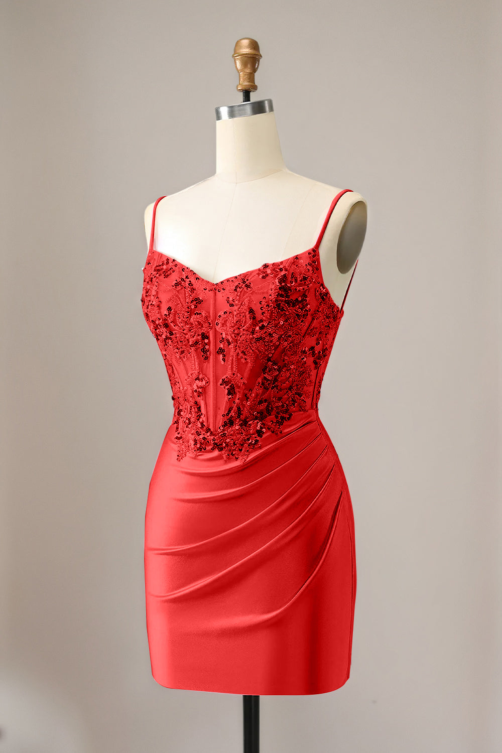 Sparkly Red Glitter Spaghetti Straps Sequins Pleated Corset Homecoming Dress
