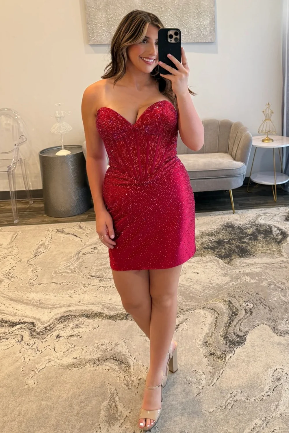 Yellow Beaded Strapless Corset Sheath Homecoming Dress