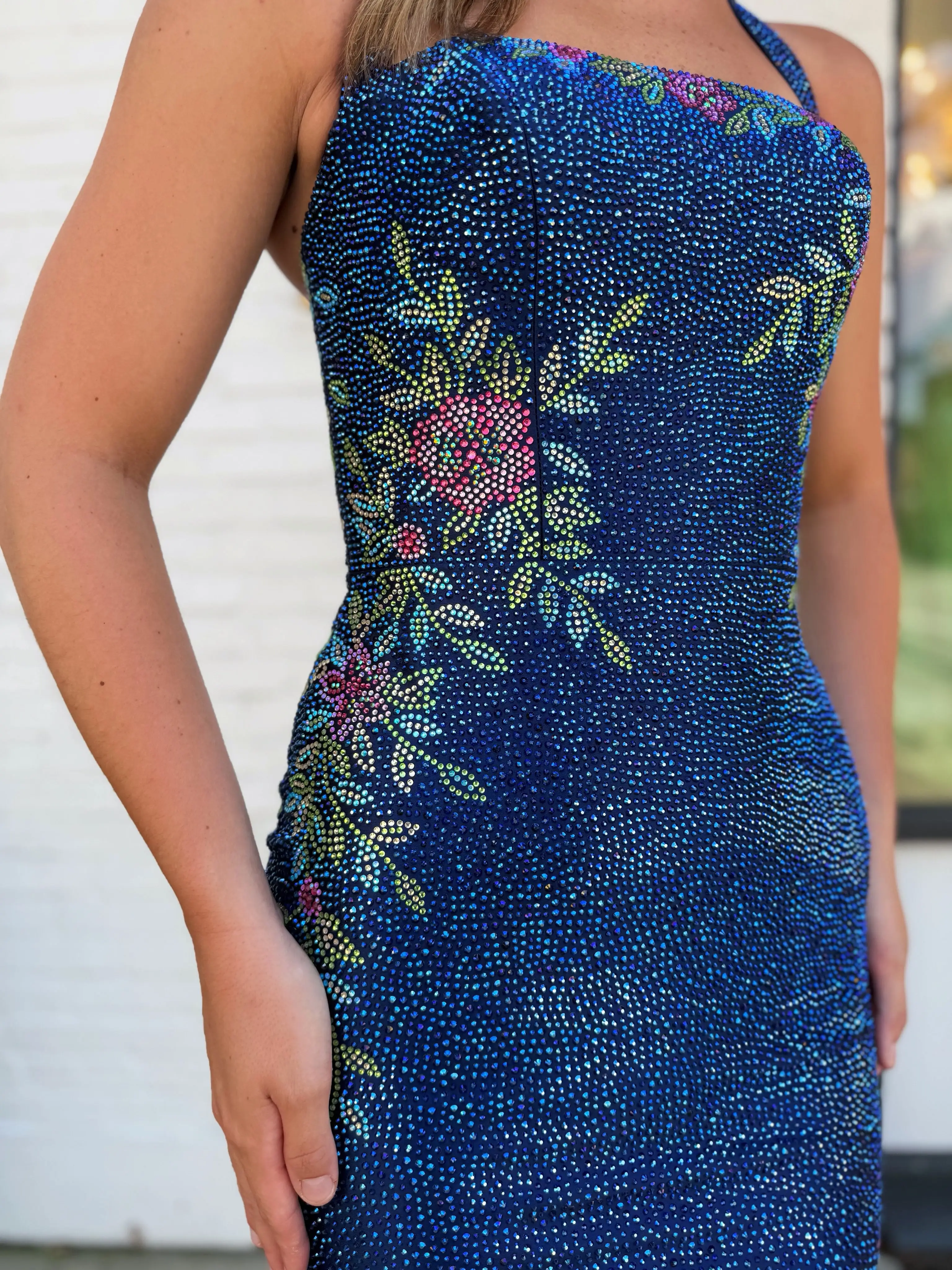  Ethereal Navy Blue Rhinestone Beaded Floral Bodycon Square Neckline Homecoming Dress