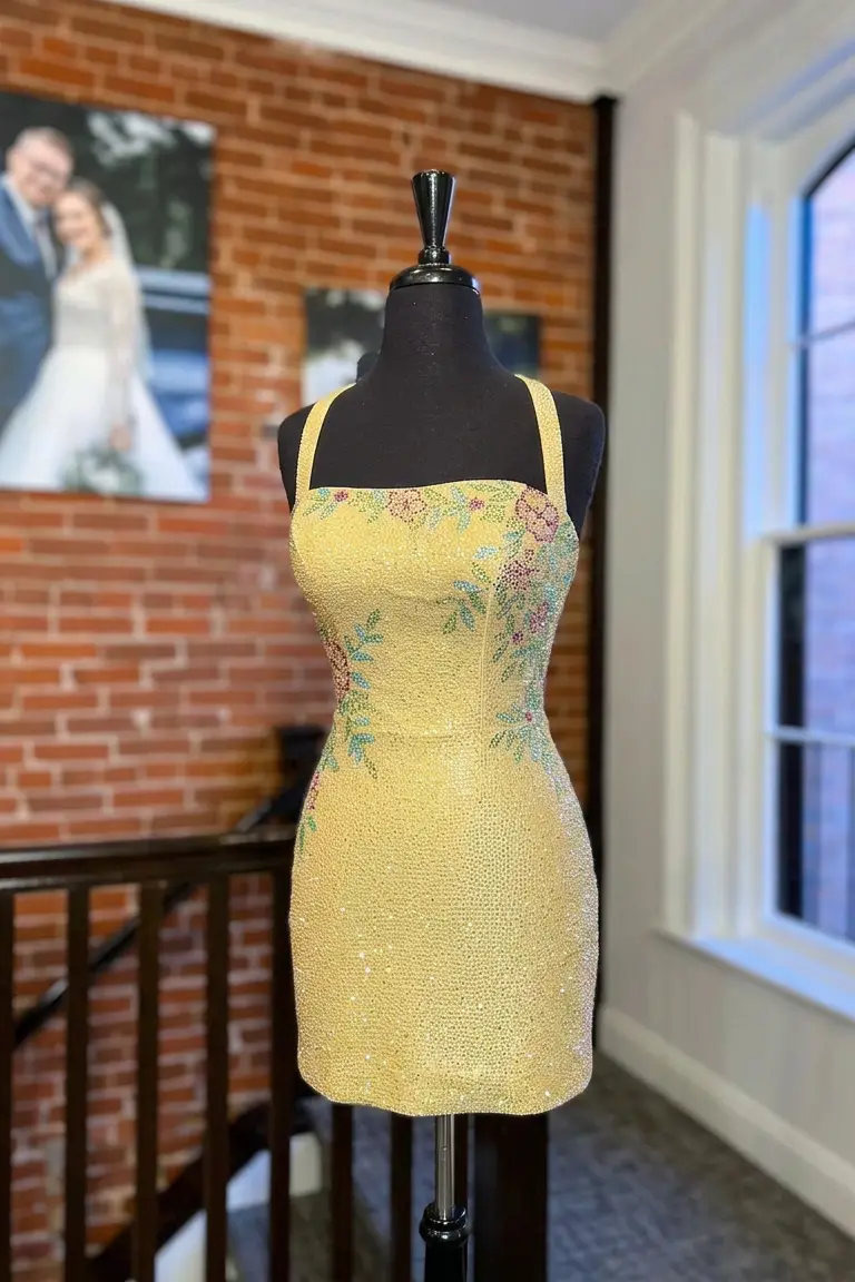  Ethereal Navy Blue Rhinestone Beaded Floral Bodycon Square Neckline Homecoming Dress