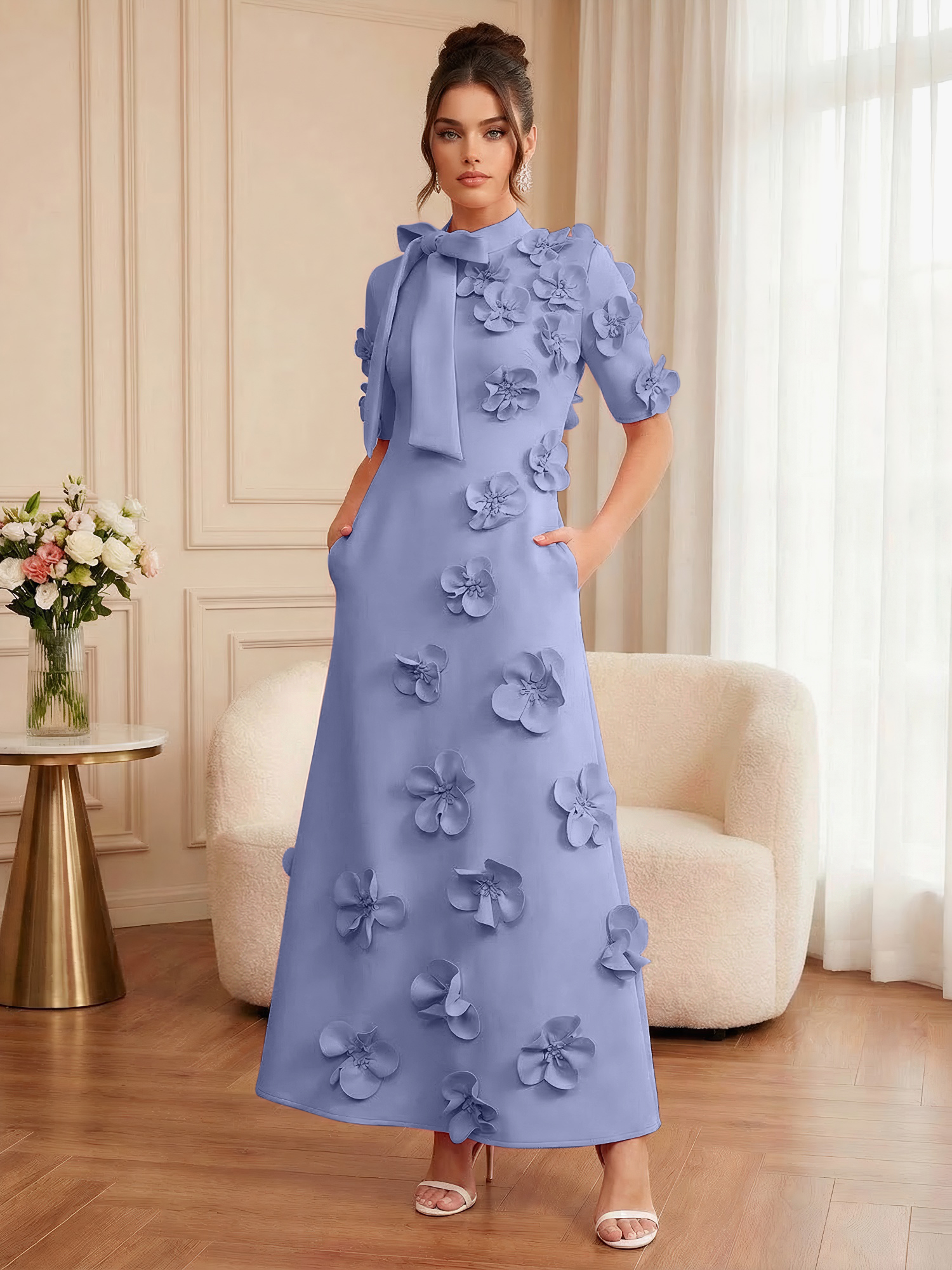 Pink Short Sleeve 3D Floral Maxi Dress Gown