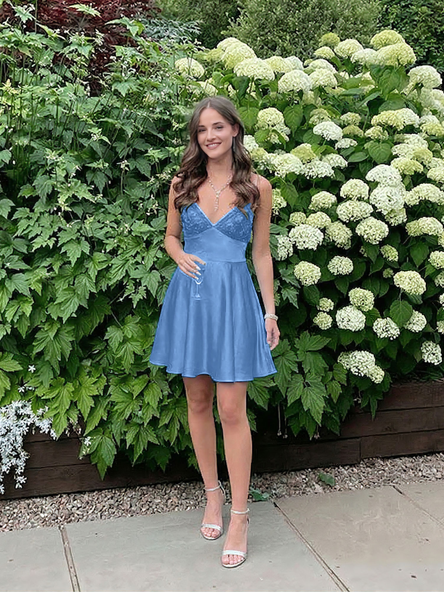 Blue A Line V-neck Beaded Back Tie Short Homecoming Mini Dress