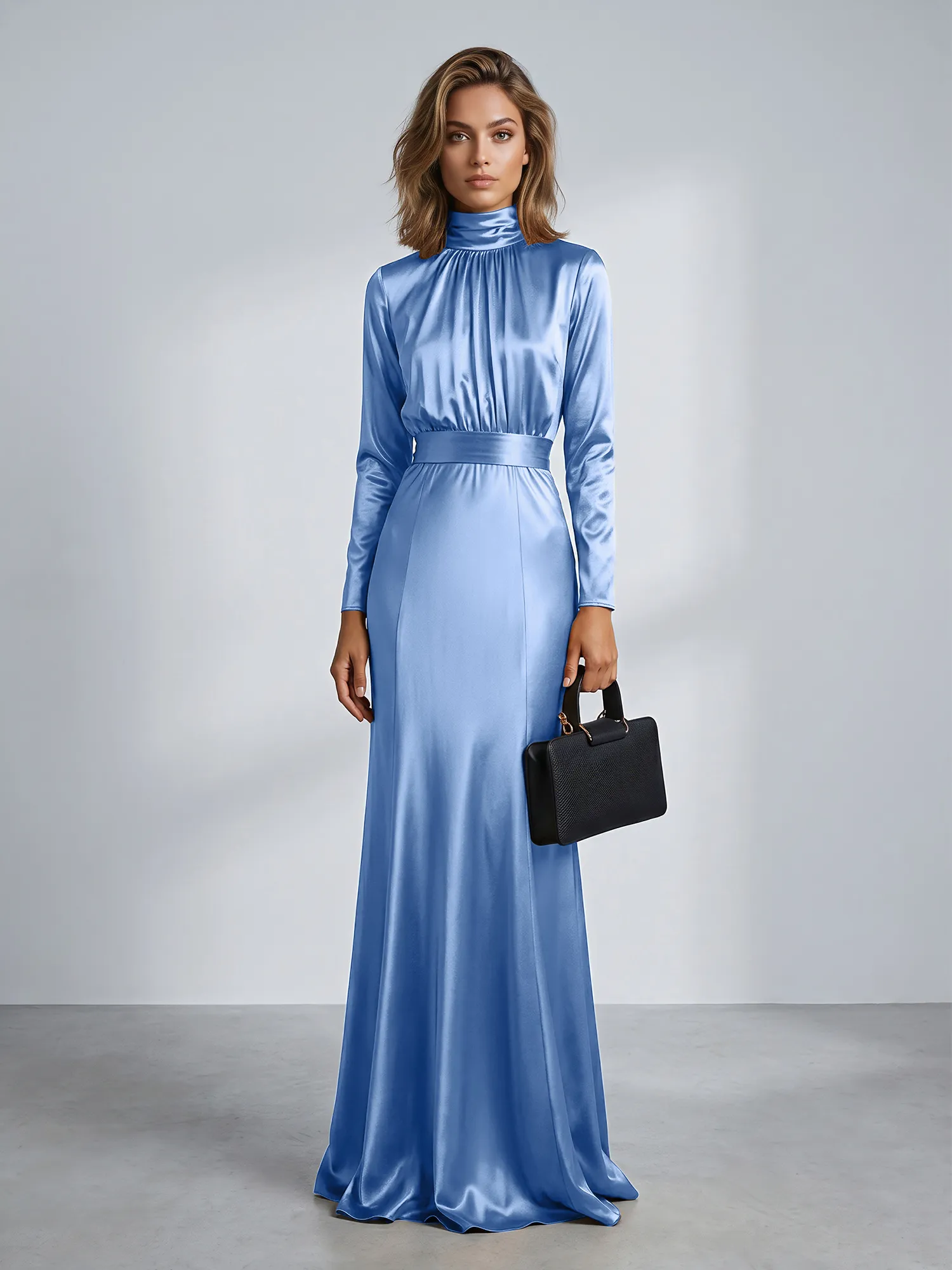 High Neck Long Sleeve Satin Mermaid Evening Gown with Waist Sash