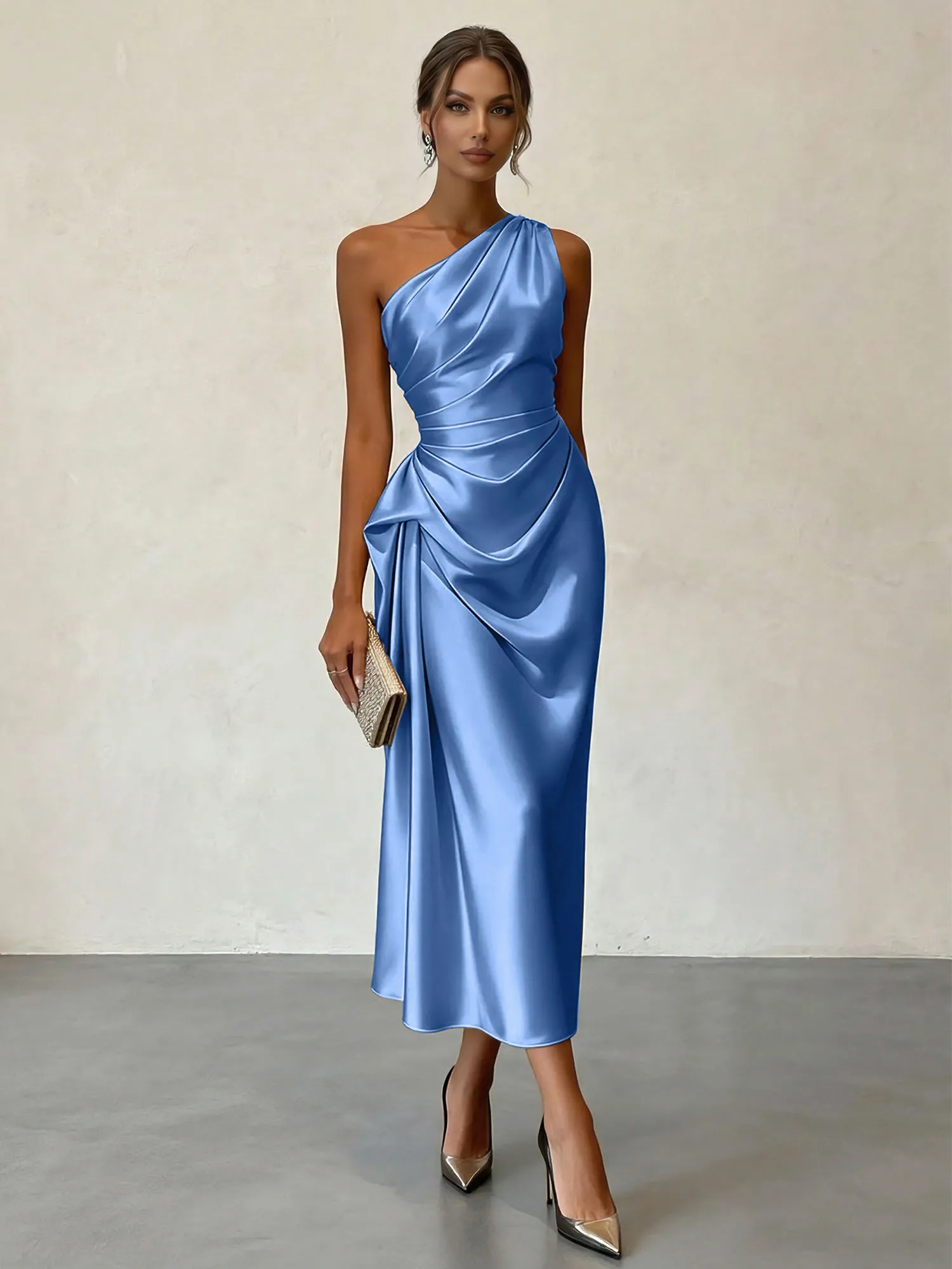 One-Shoulder Ruched Satin Midi Evening Dress with Draped Detail