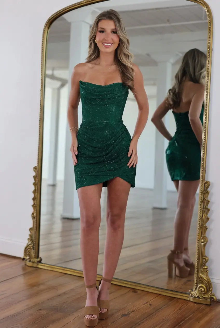Sleek Red Glitter Sheer-Overlay Ruched Sheath Strapless Homecoming Dress