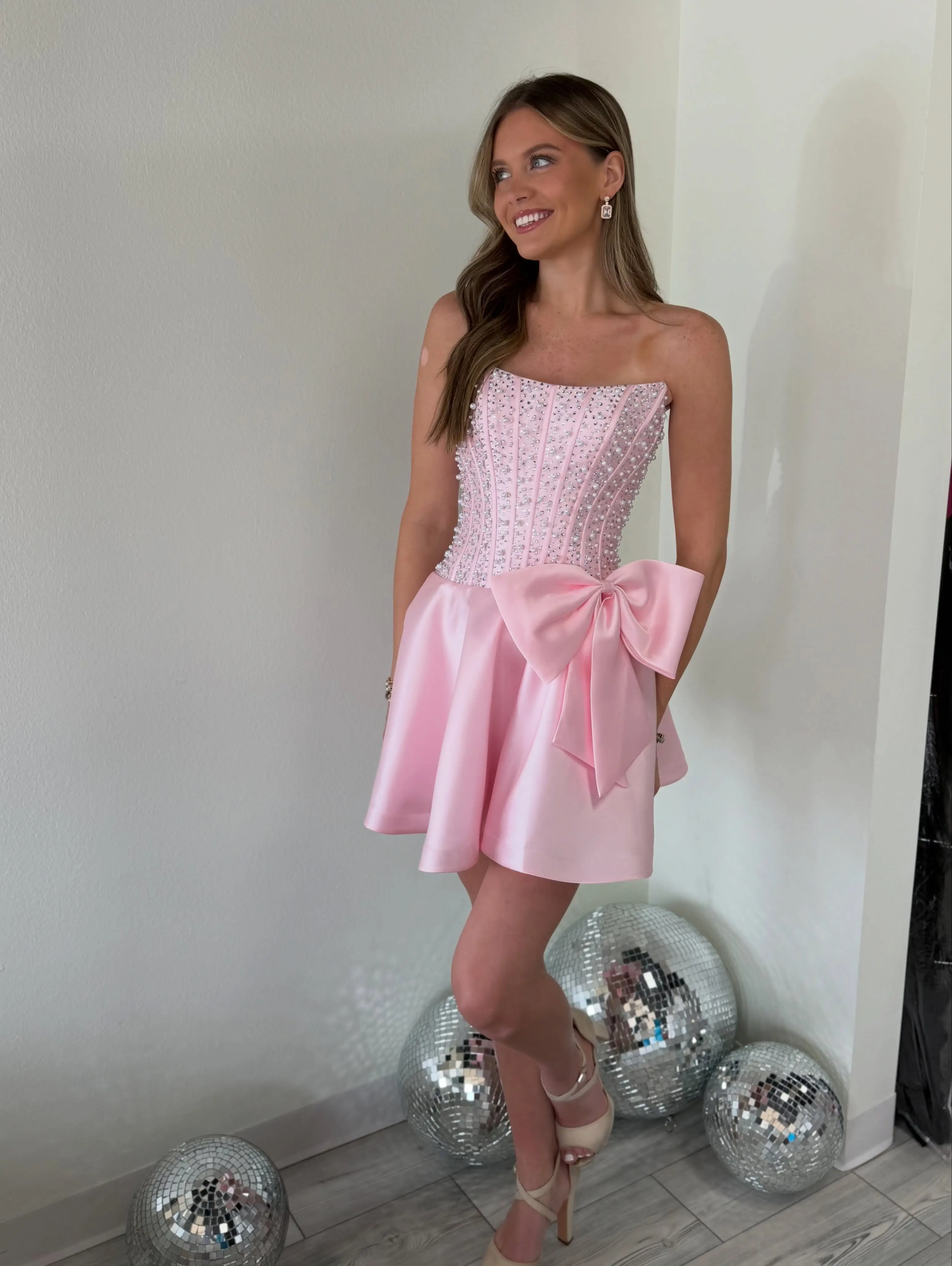 Radiant Brown Pearl-Embellished Corset Strapless Homecoming Dress