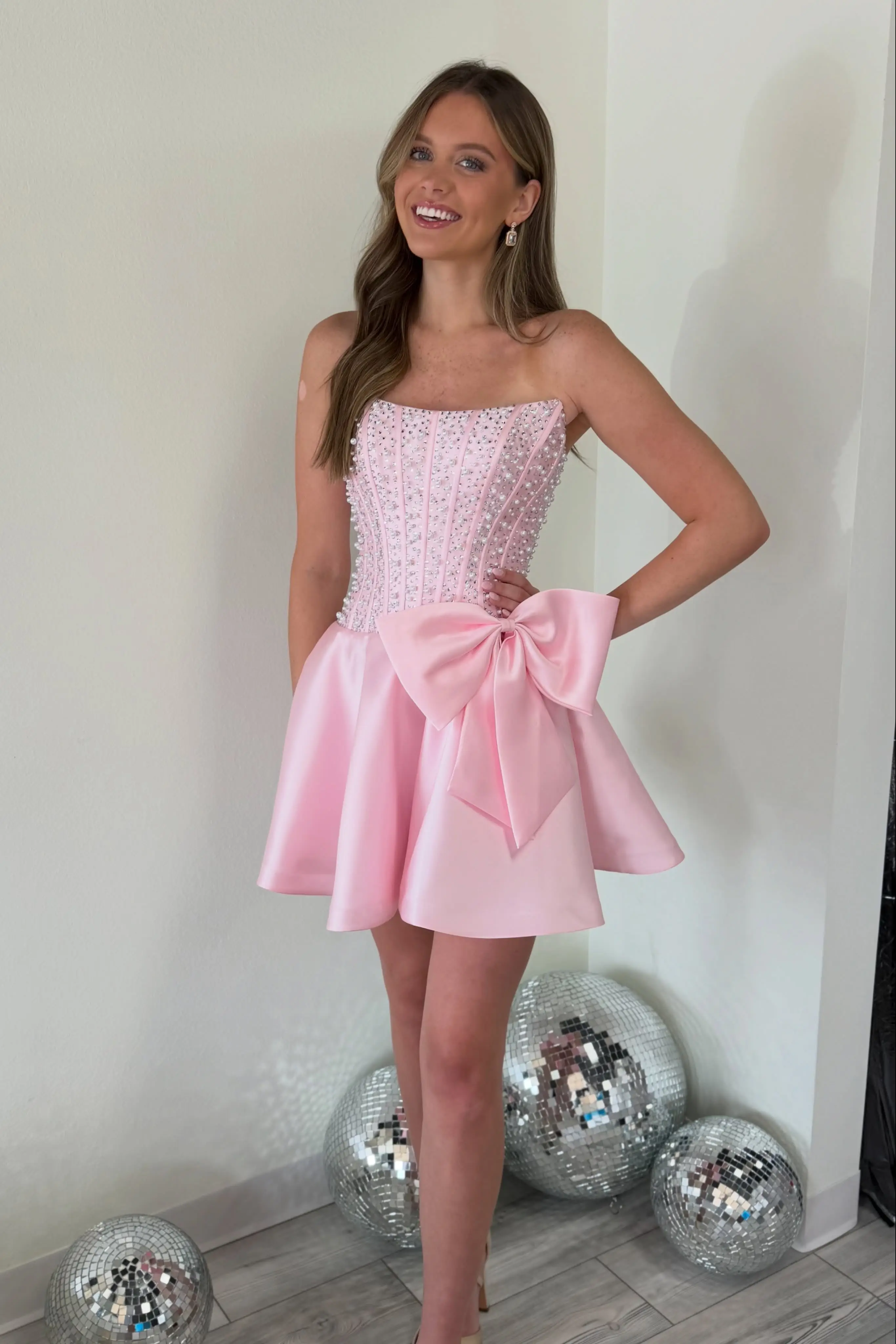Radiant Brown Pearl-Embellished Corset Strapless Homecoming Dress