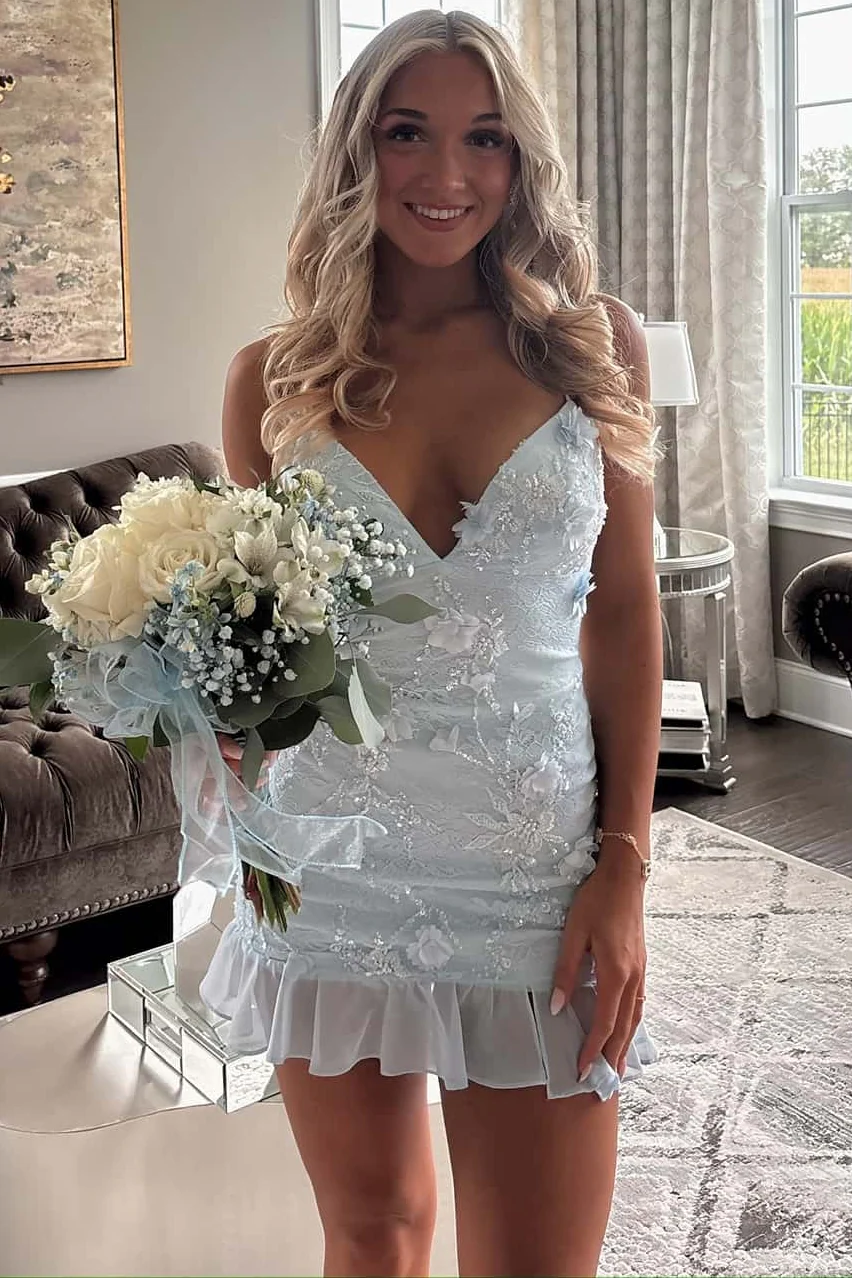 Ethereal Blue Floral Appliqué Homecoming Dress