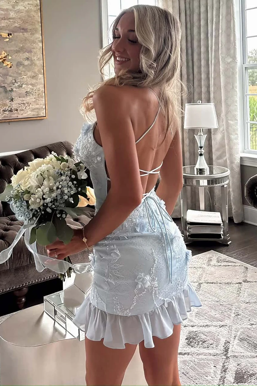 Ethereal Blue Floral Appliqué Homecoming Dress