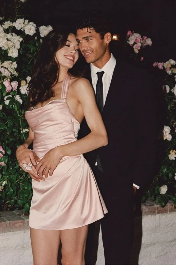 Luminous Light Pink Halter Neck Satin Sheath Homecoming Dress