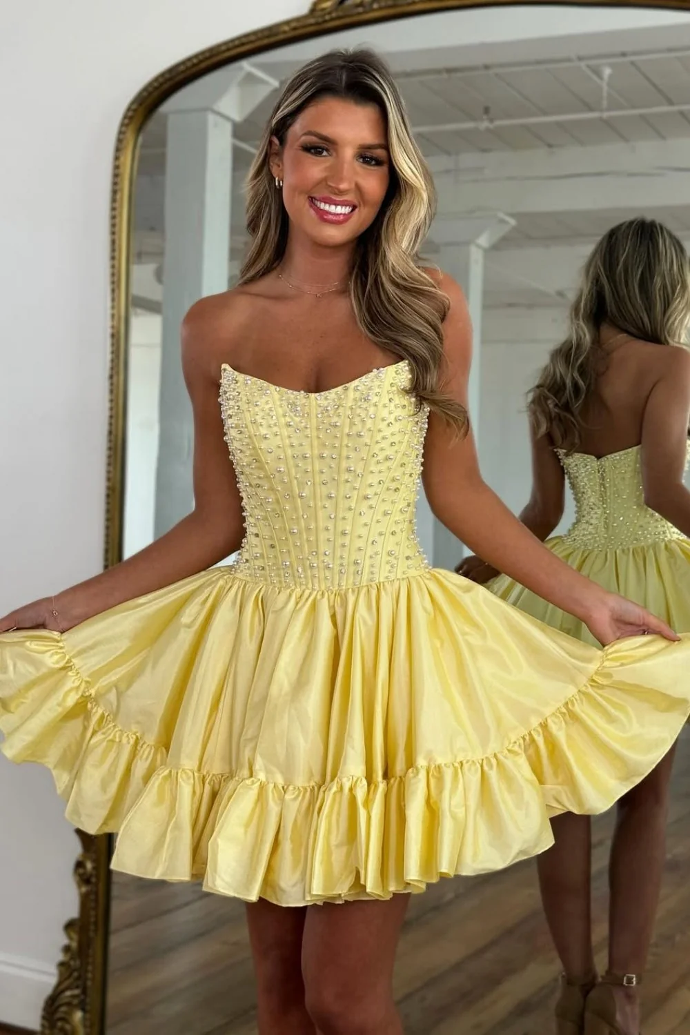 Baby Blue Strapless Sweetheart Pearl A-Line Homecoming Dress 